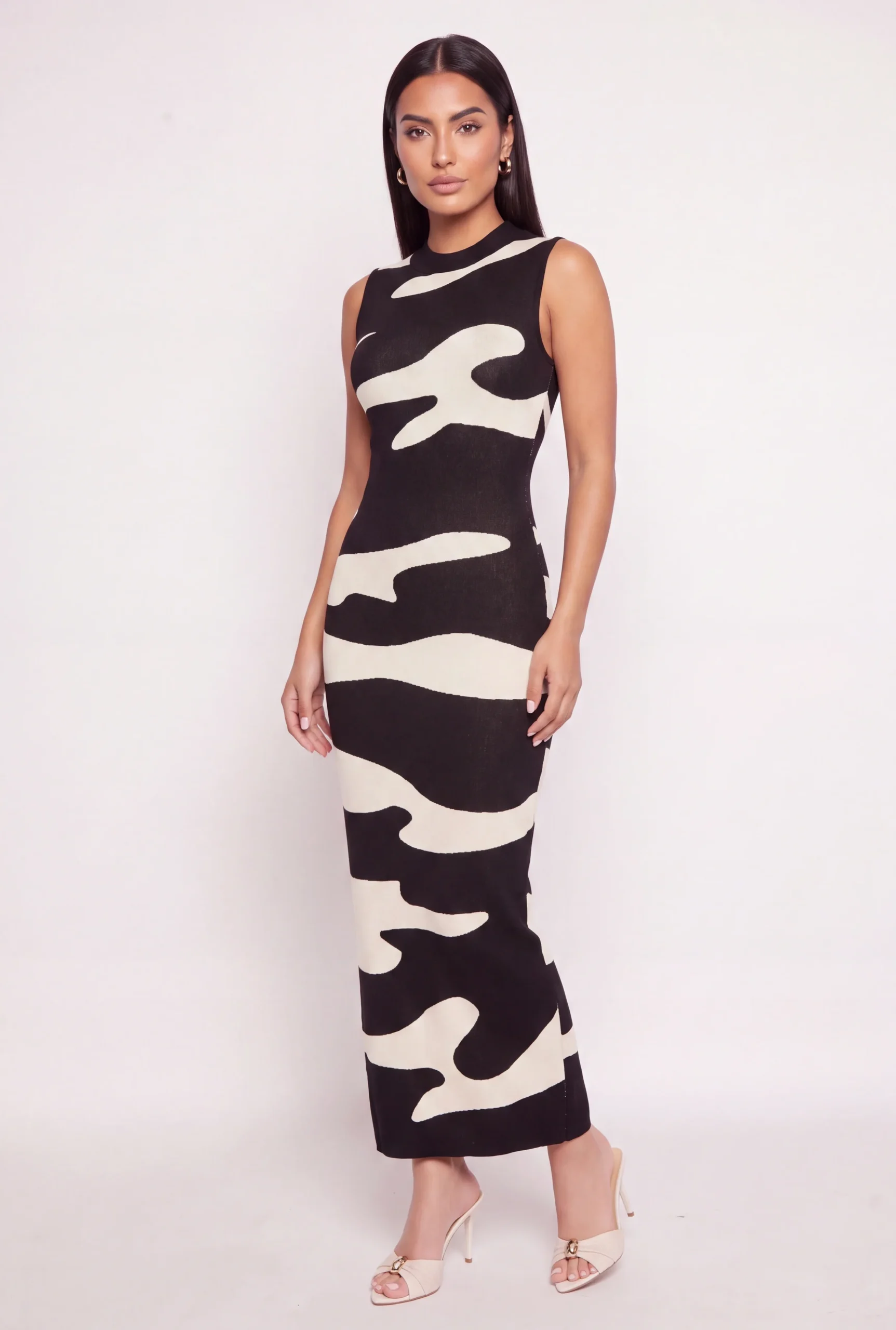 Printed Sleeveless Knit Maxi Dress with Back Slit printed sleeveless knit maxi dress with back slit