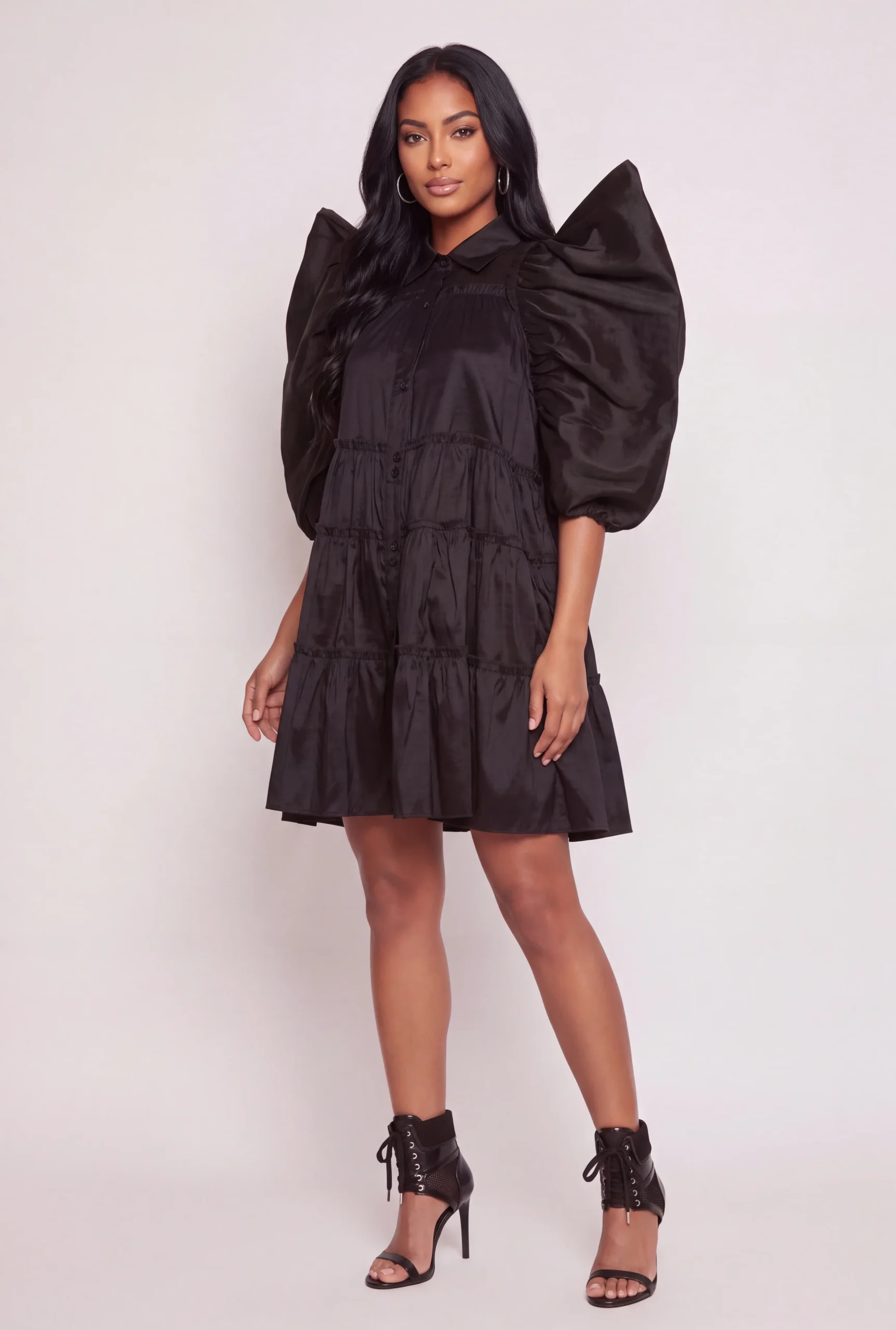 Puff Sleeve Tiered Shirt Dress puff sleeve tiered shirt dress