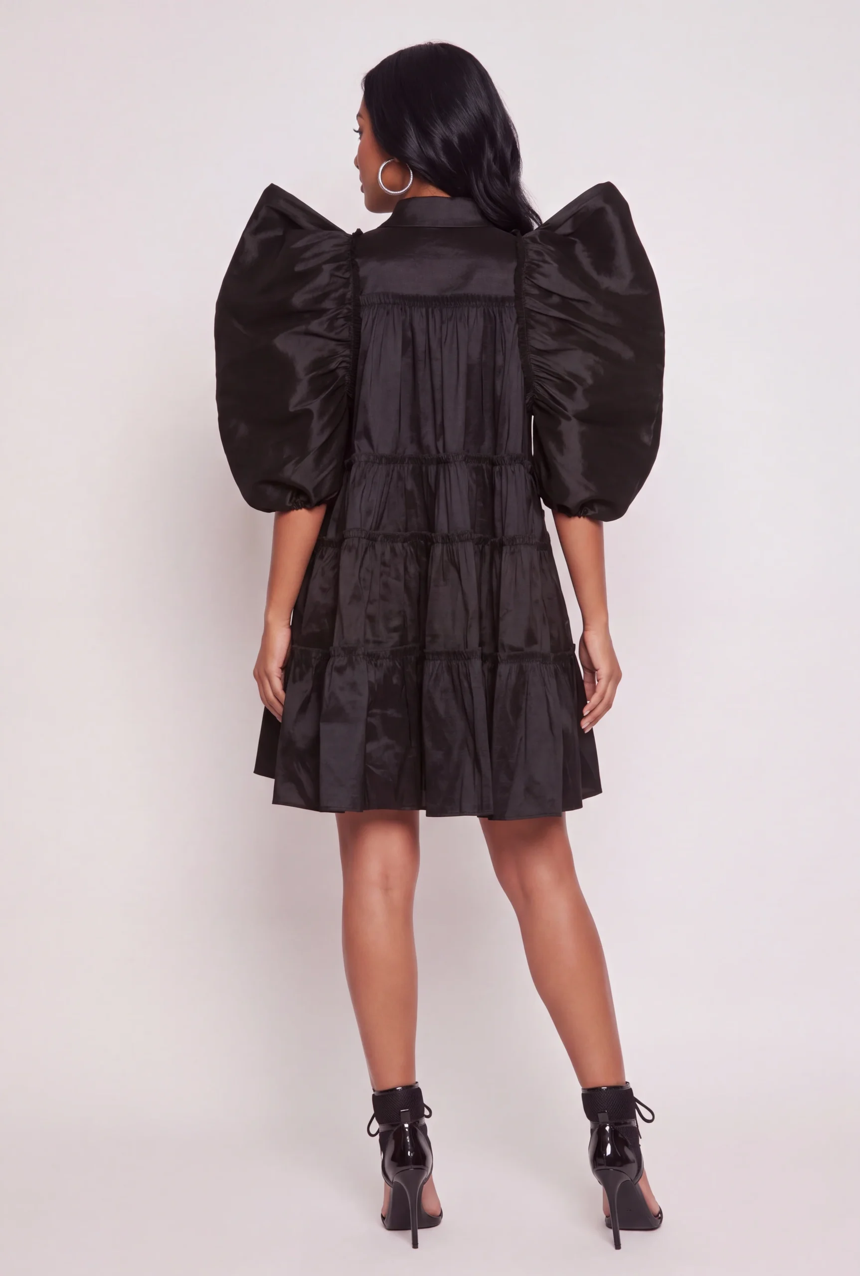 Puff Sleeve Tiered Shirt Dress puff sleeve tiered shirt dress