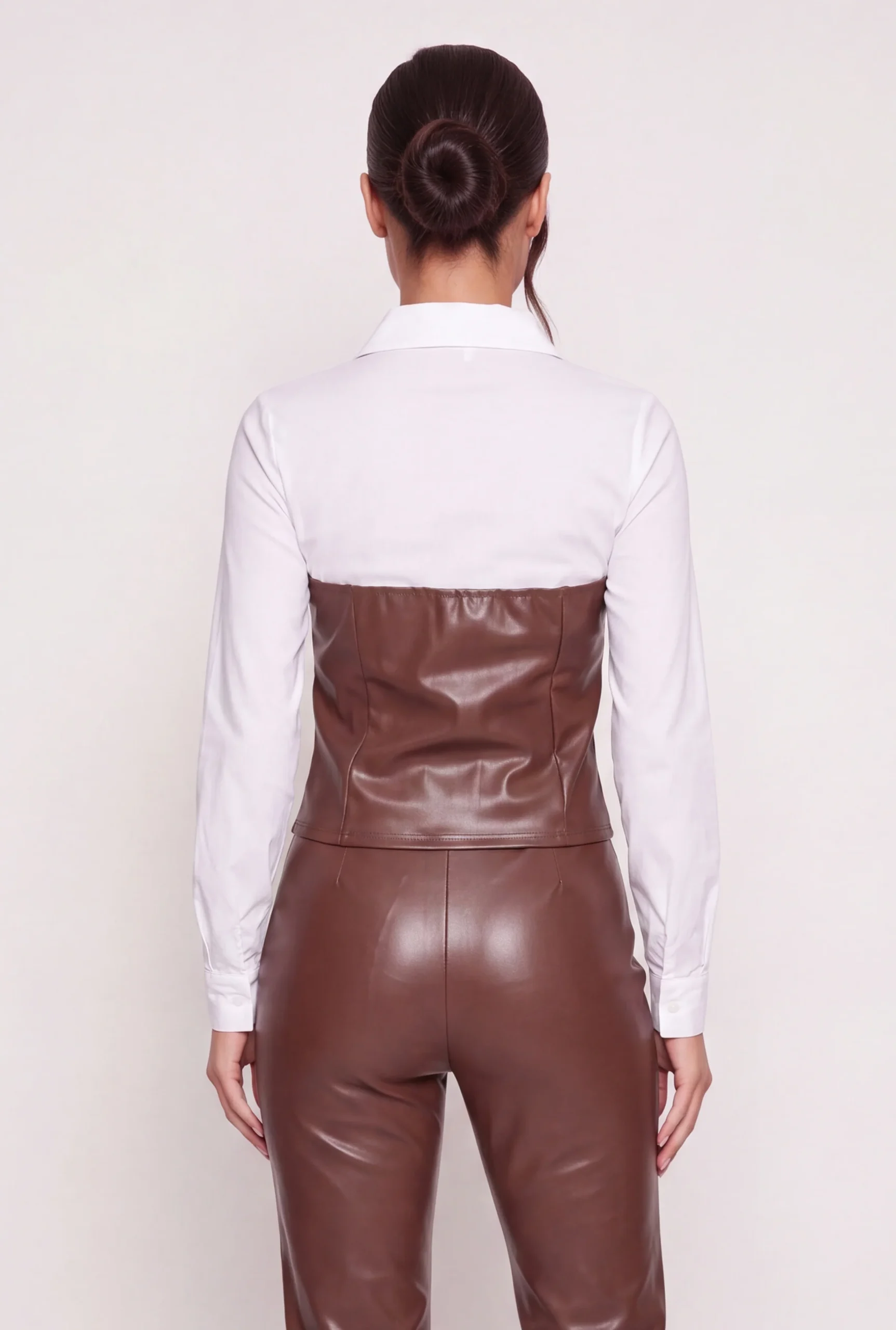 Layered Look Faux Leather Long Sleeve Blouse layered look faux leather long sleeve blouse