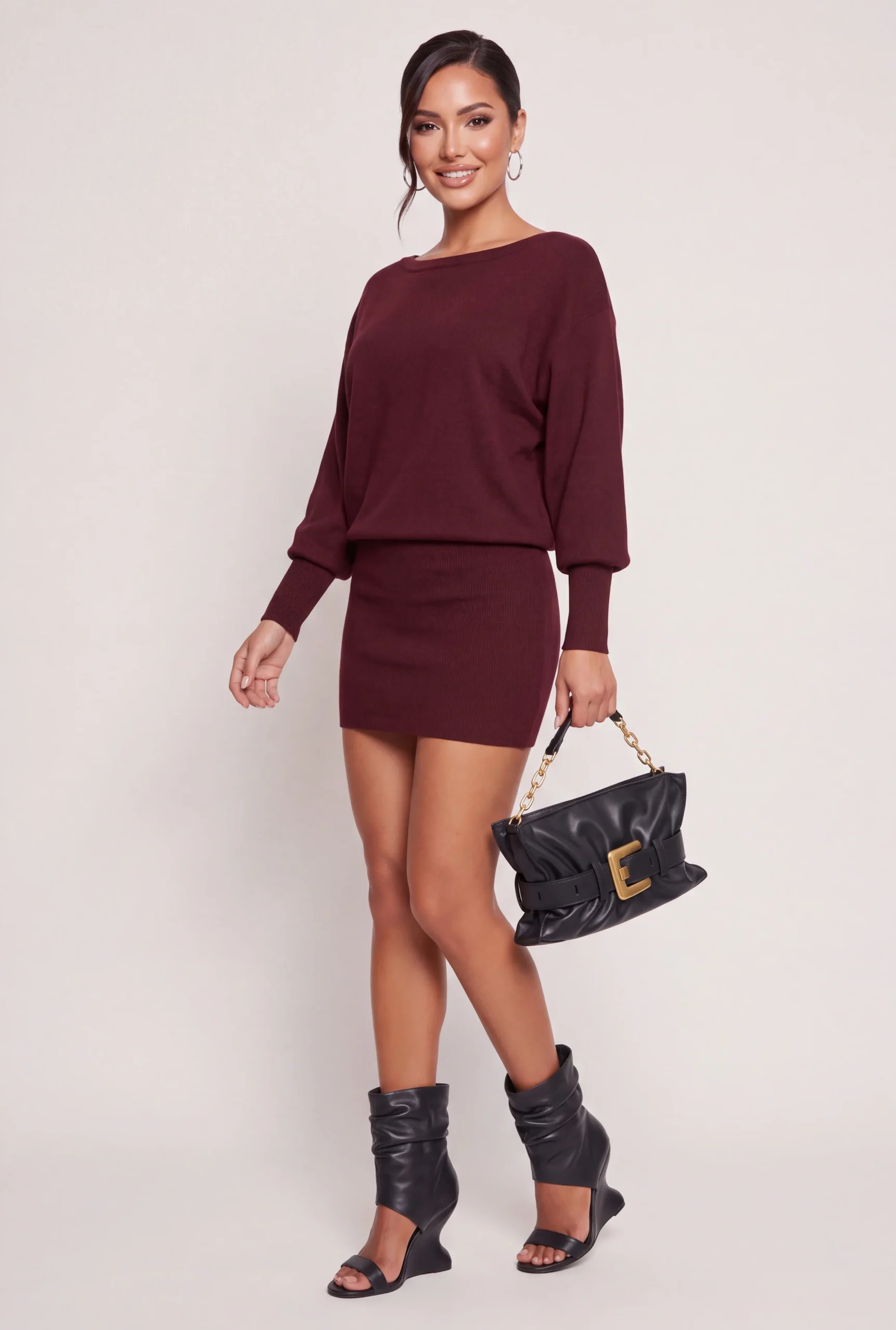 Boat Neck Blouson Sweater Mini Dress boat neck blouson sweater mini dress