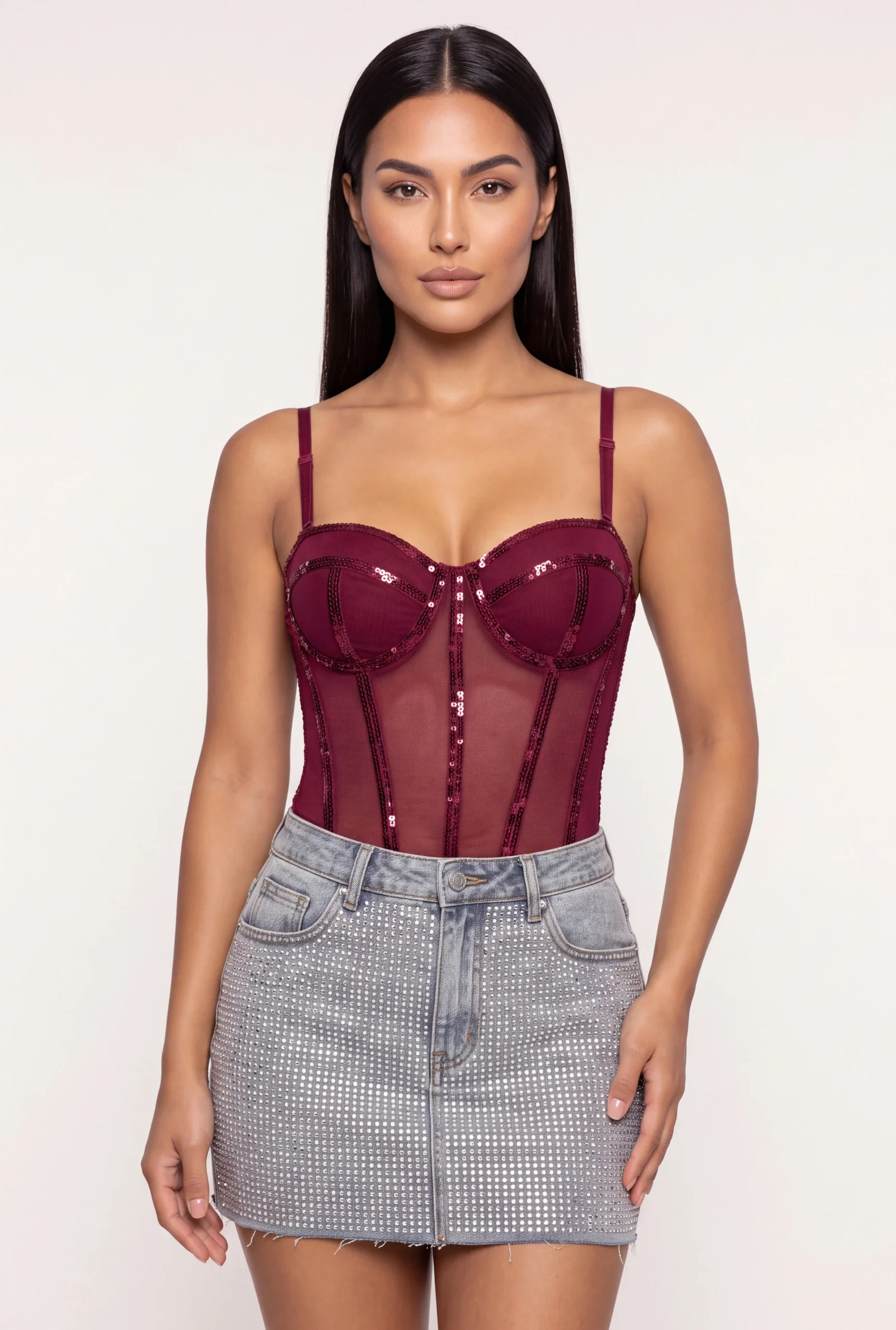 Sequin Trim Mesh Bustier Corset Top sequin trim mesh bustier corset top