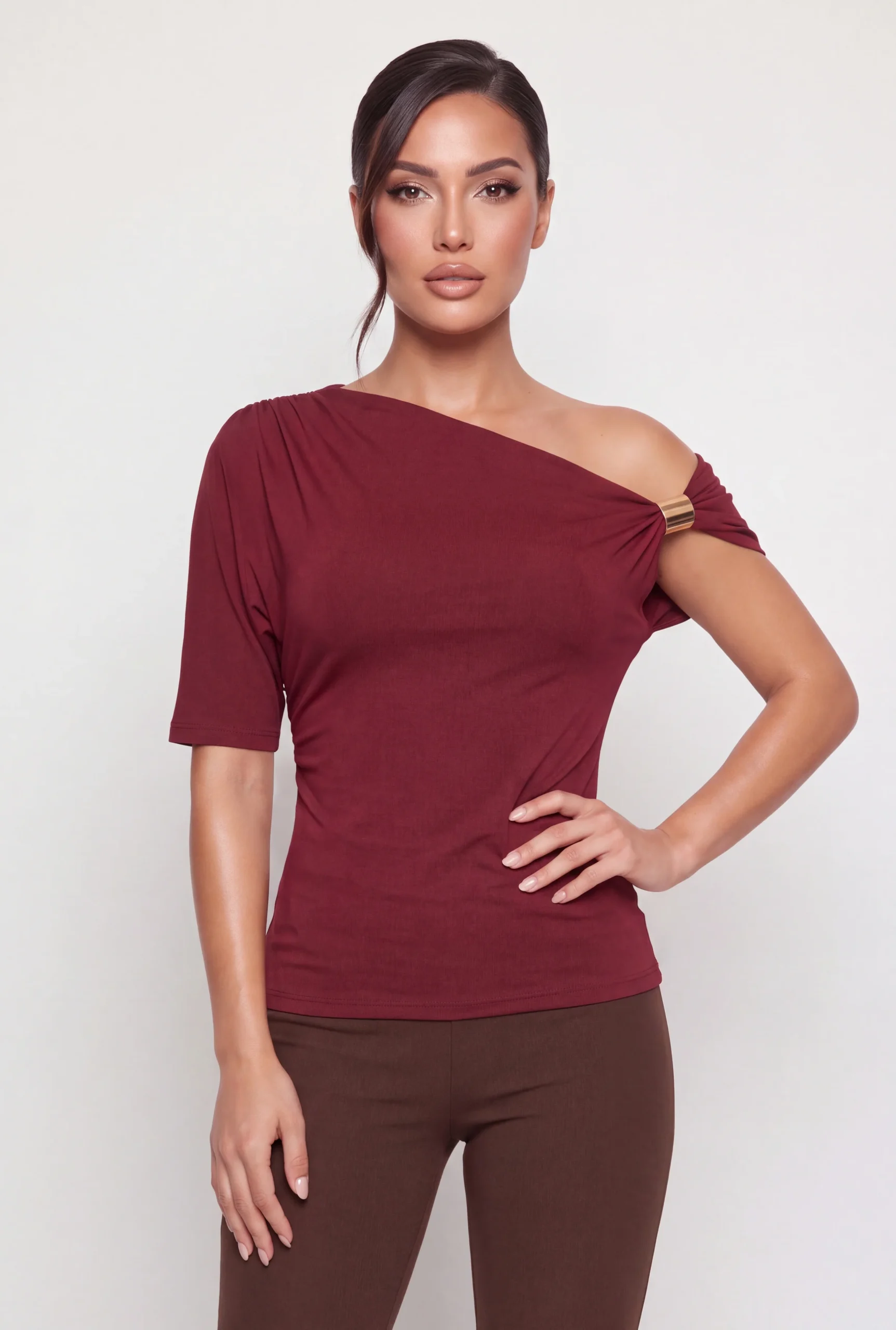 Side Ruched One Shoulder Metallic Detail Blouse side ruched one shoulder metallic detail blouse