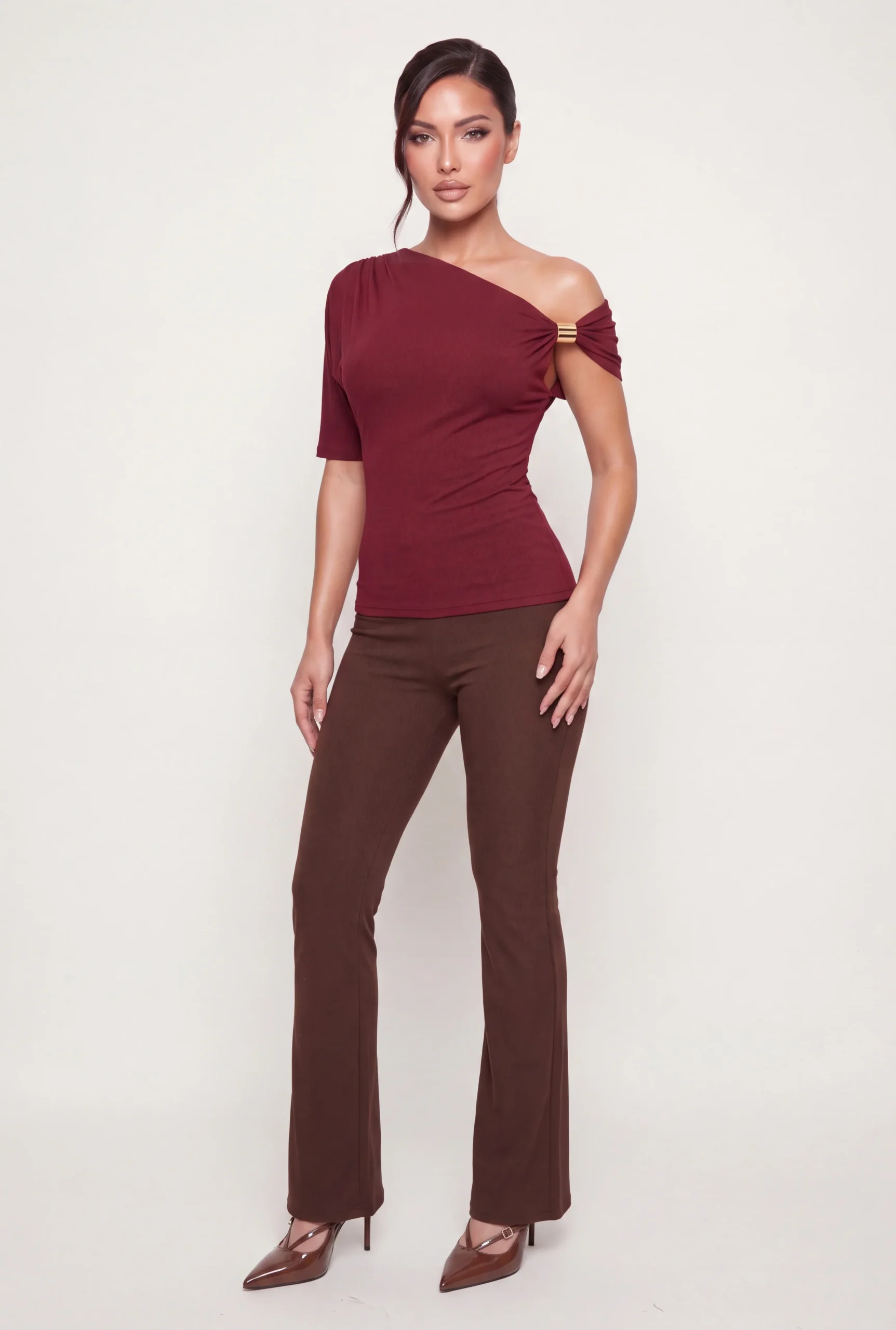 Side Ruched One Shoulder Metallic Detail Blouse side ruched one shoulder metallic detail blouse