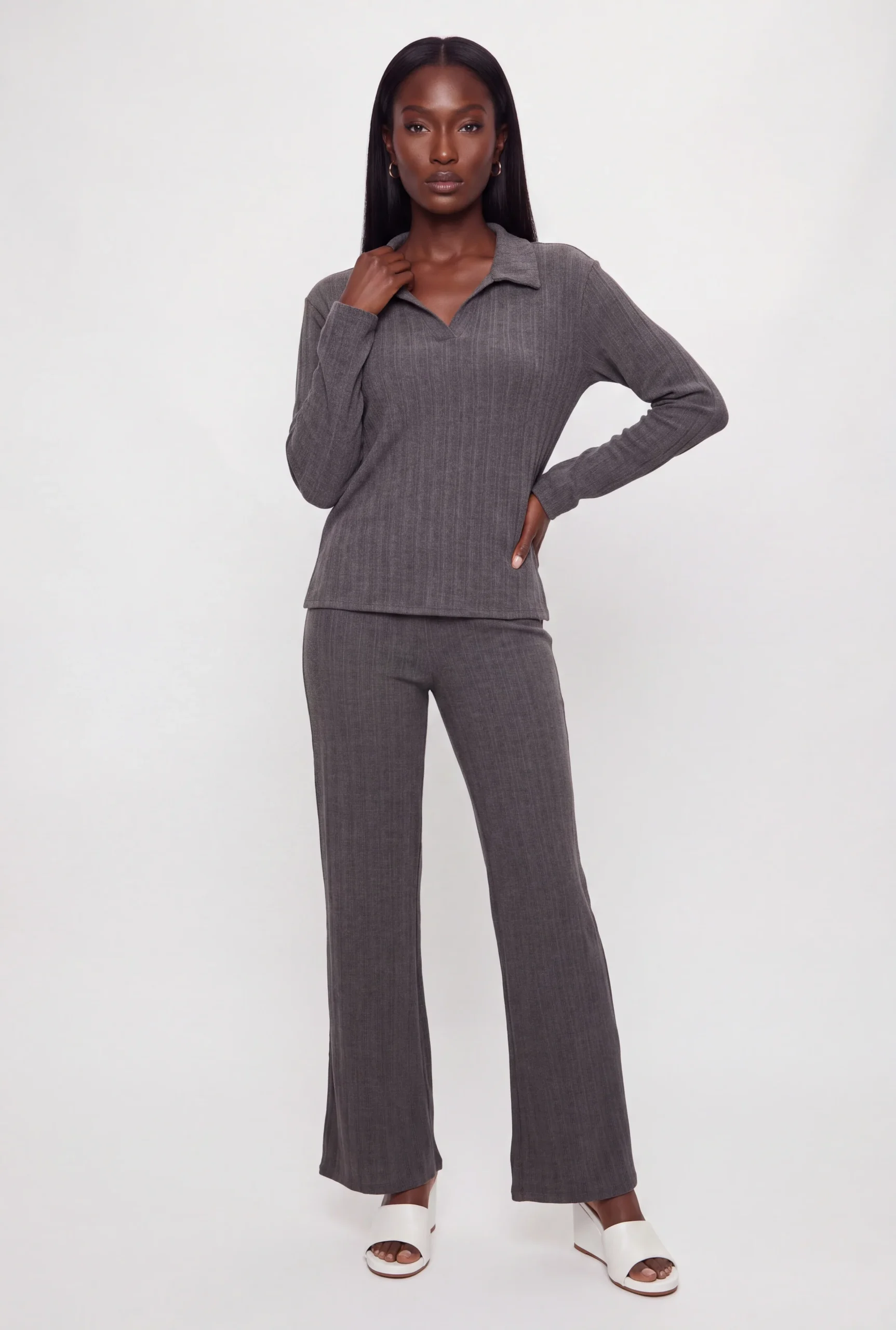 Johnny Collar Ribbed Knit Long Sleeve Polo Top johnny collar ribbed knit long sleeve polo top