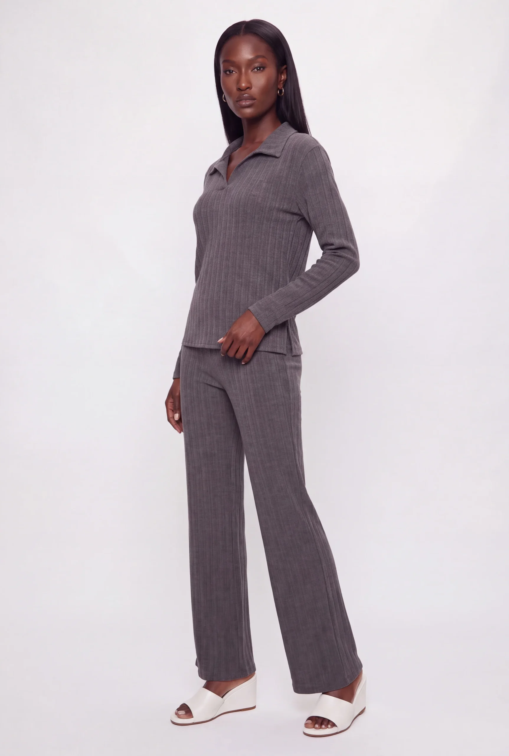 Johnny Collar Ribbed Knit Long Sleeve Polo Top johnny collar ribbed knit long sleeve polo top
