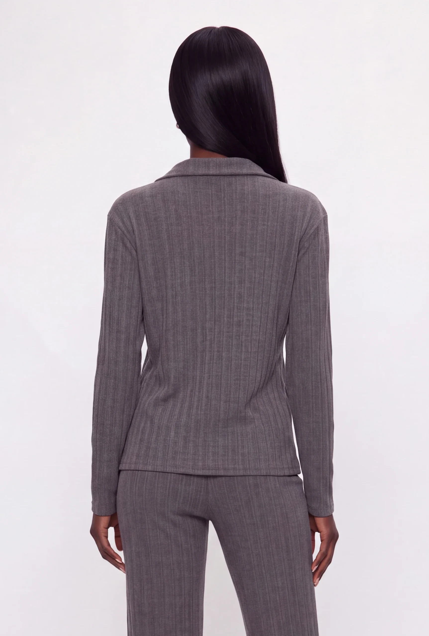 Johnny Collar Ribbed Knit Long Sleeve Polo Top johnny collar ribbed knit long sleeve polo top