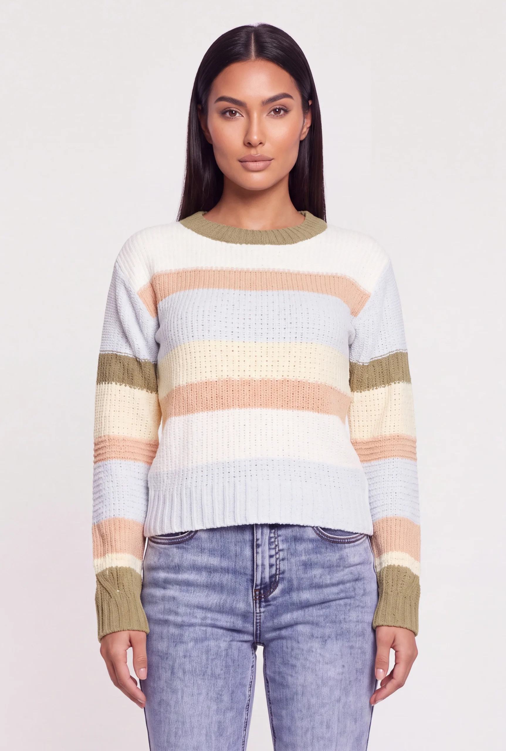 Striped Color Blocked Crew Neck Sweater striped color blocked crew neck sweater