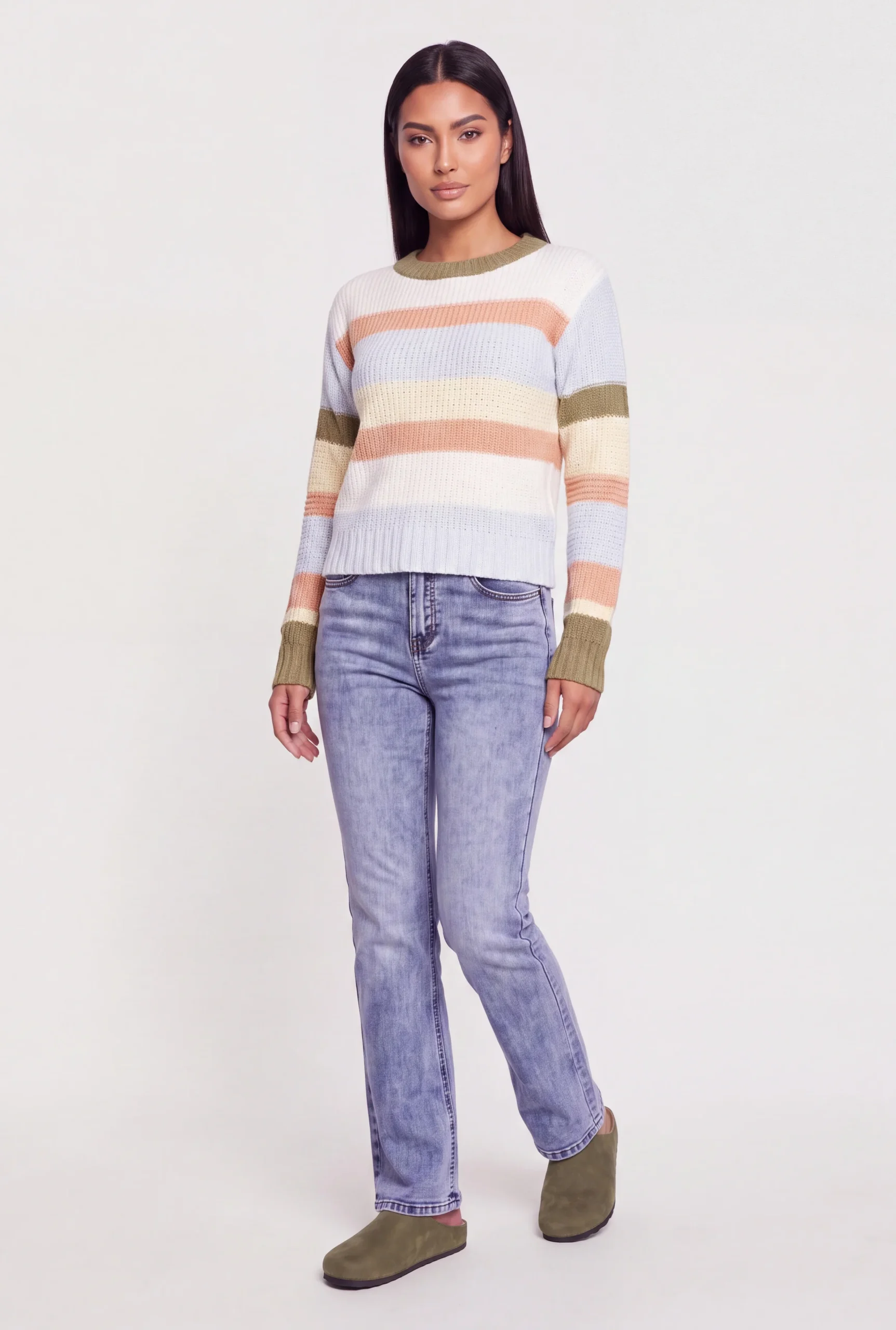 Striped Color Blocked Crew Neck Sweater striped color blocked crew neck sweater