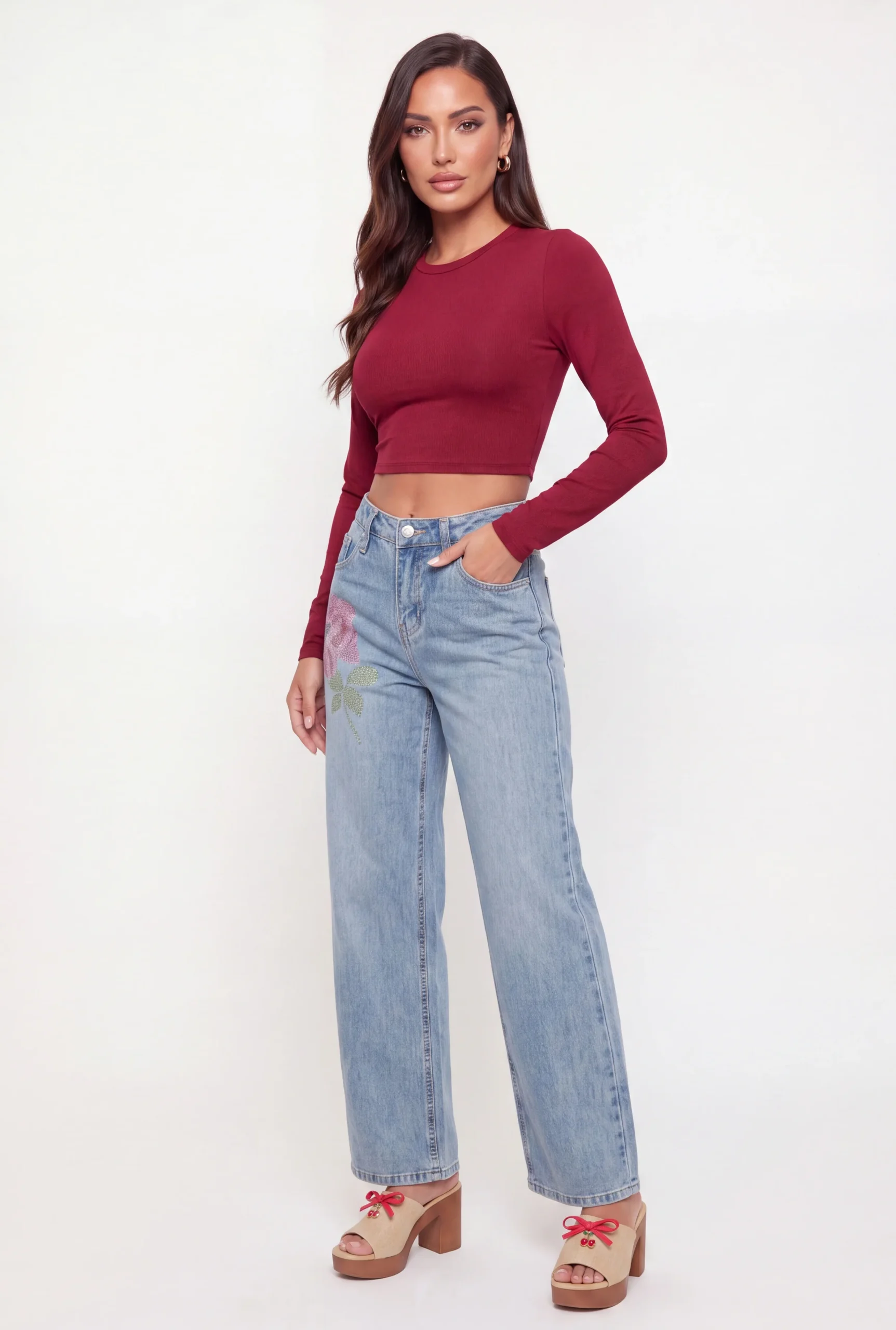 Rhinestone Flower Wide Leg Jeans rhinestone flower wide leg jeans