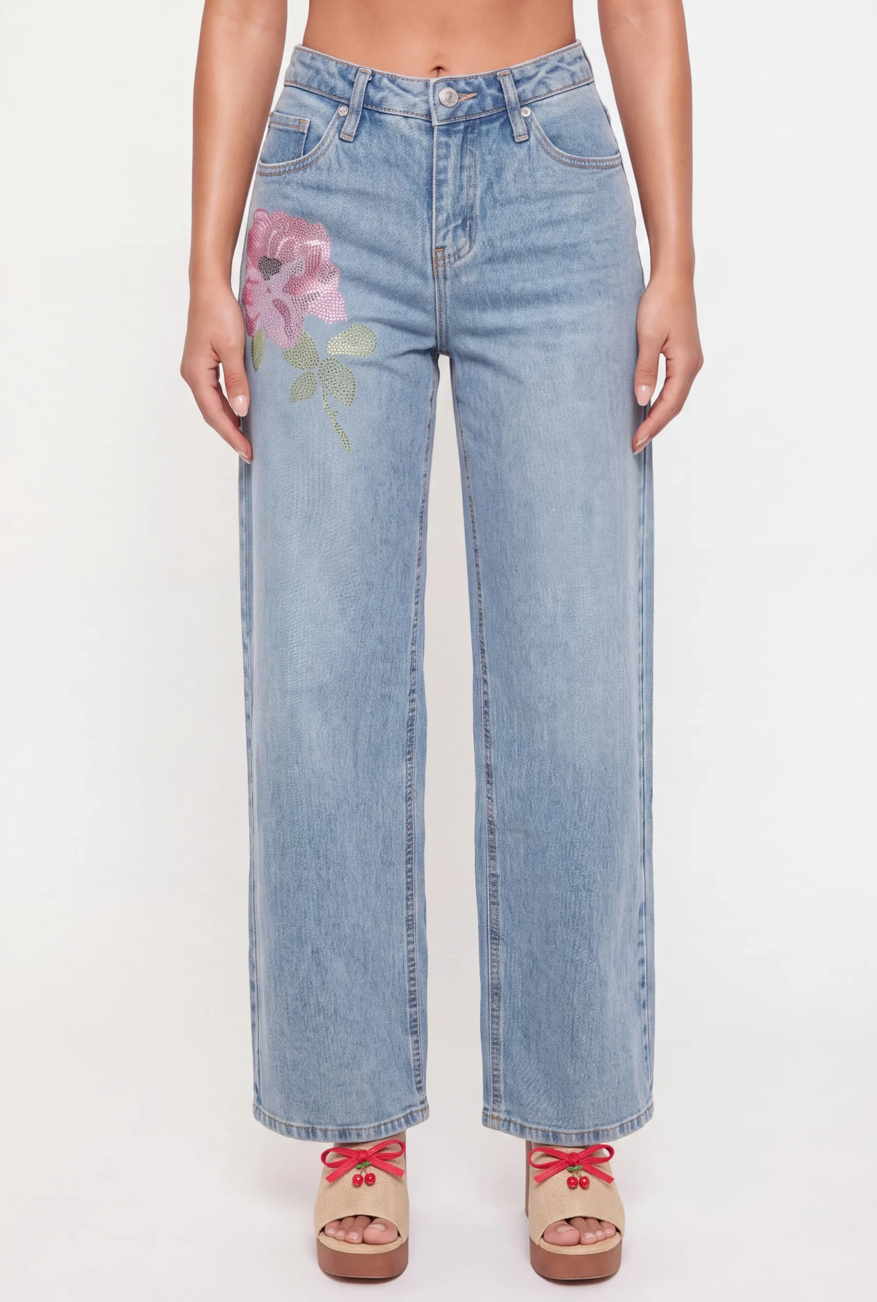 Rhinestone Flower Wide Leg Jeans rhinestone flower wide leg jeans