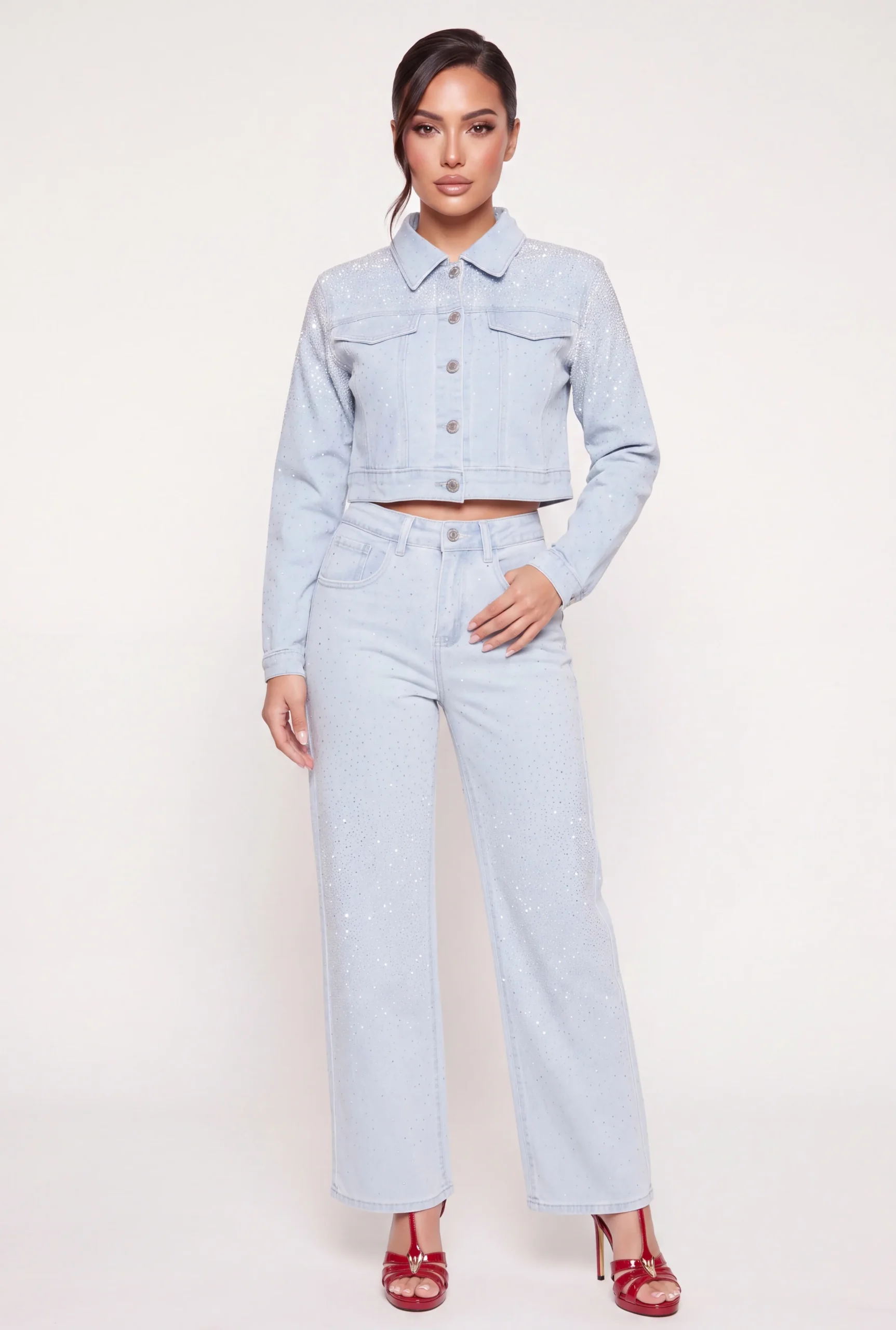Rhinestones Cropped Denim Jacket rhinestones cropped denim jacket