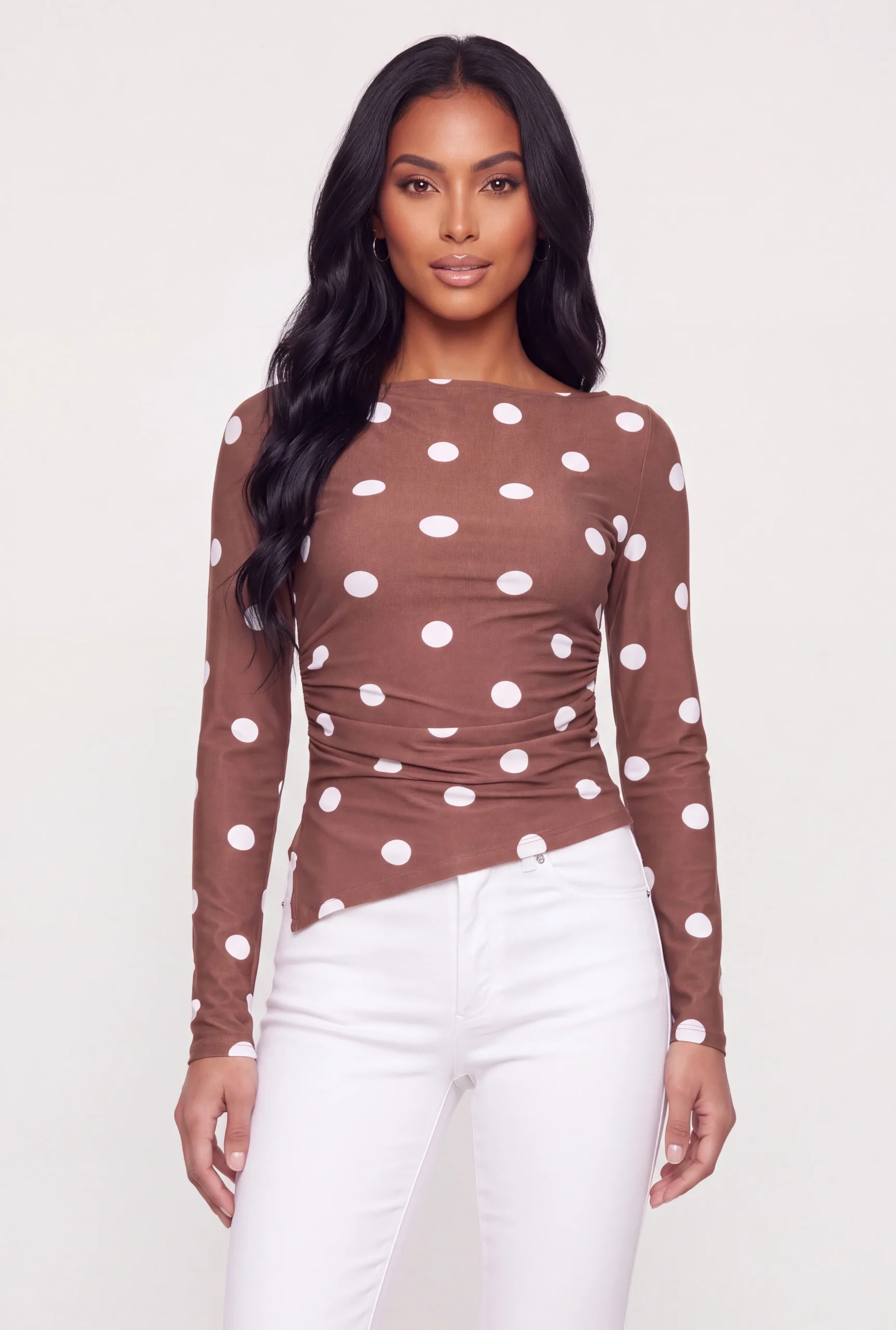Printed Ruched Asymmetrical Long Sleeve Top printed ruched asymmetrical long sleeve top