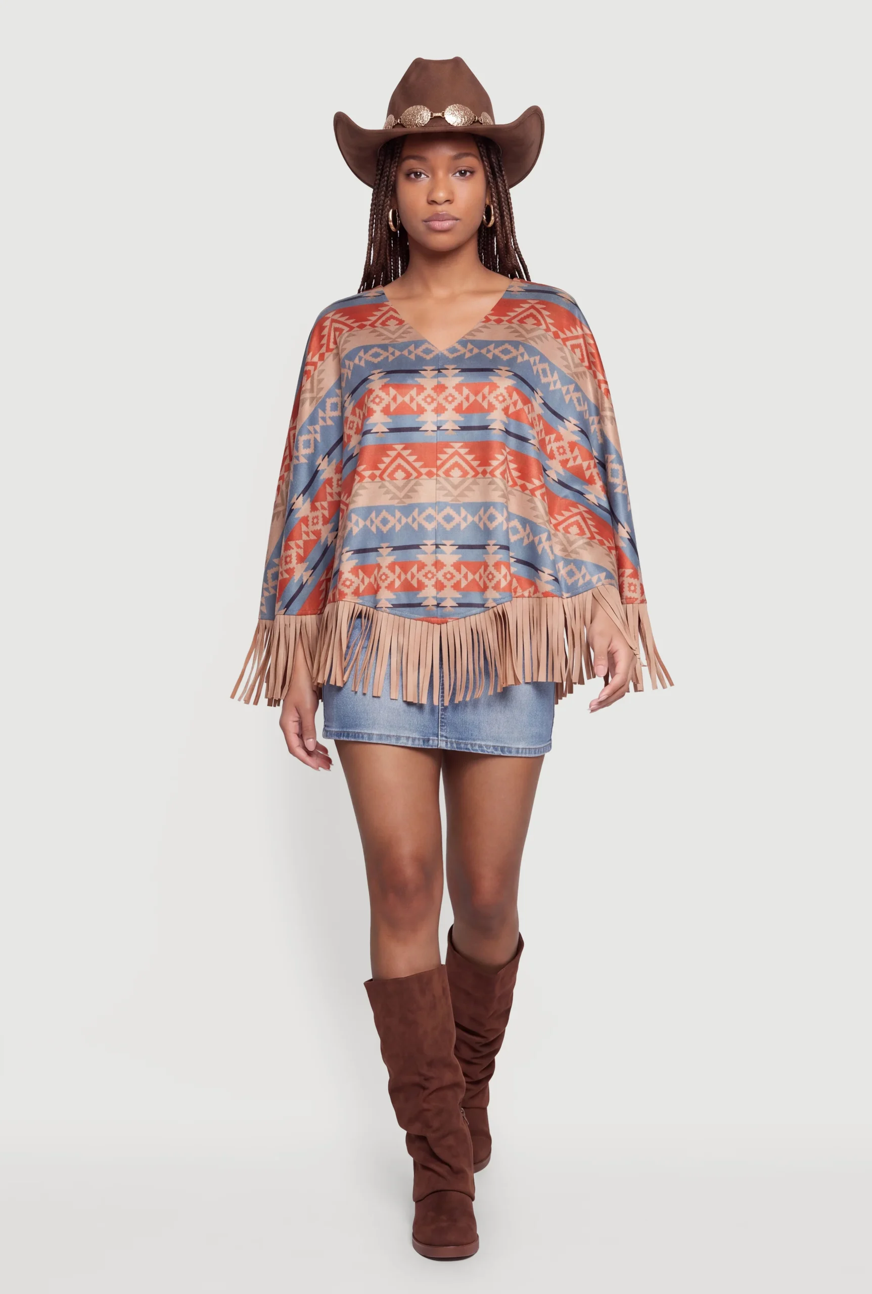 Faux Suede Aztec Print Fringe Hem Poncho faux suede aztec print fringe hem poncho