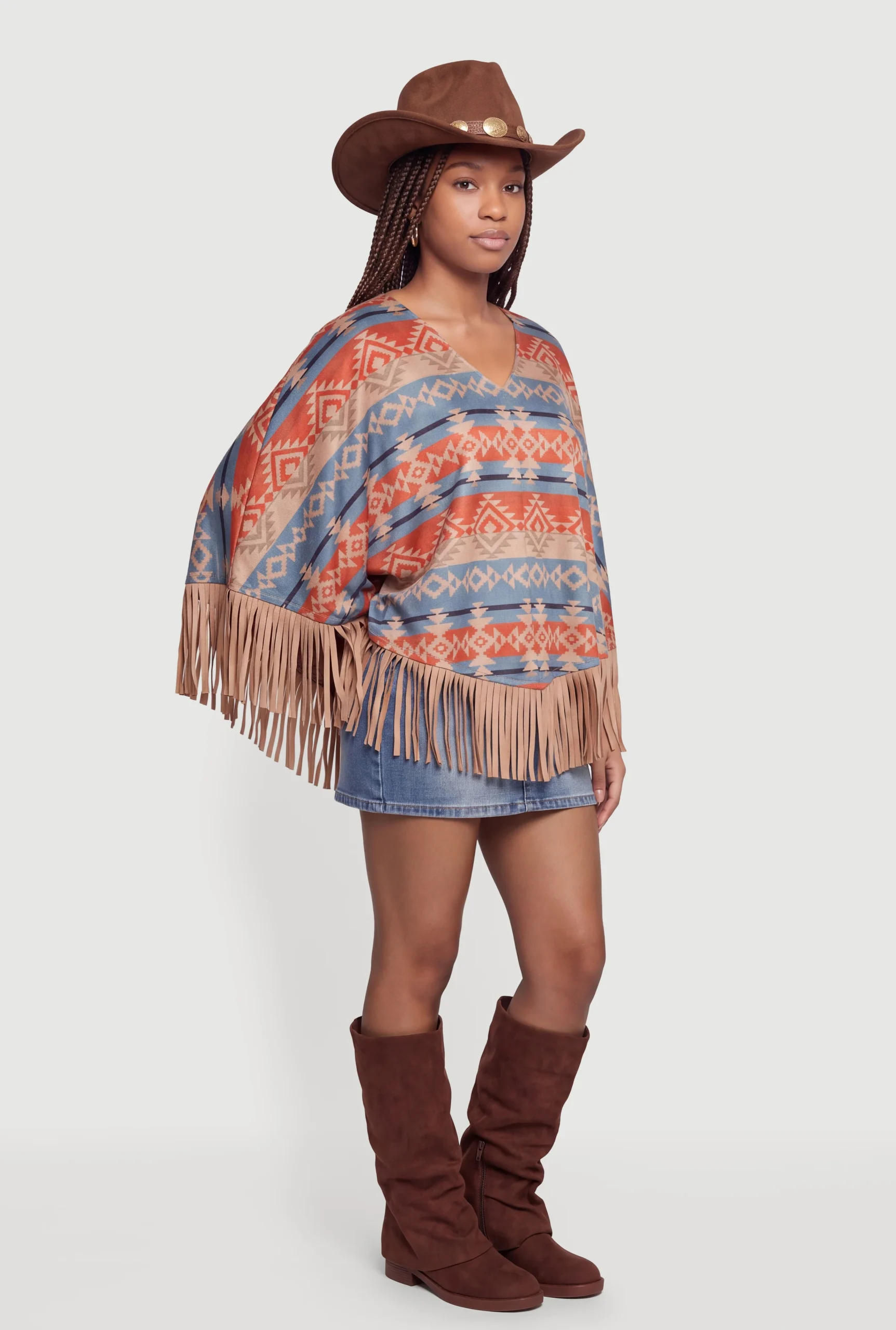 Faux Suede Aztec Print Fringe Hem Poncho faux suede aztec print fringe hem poncho