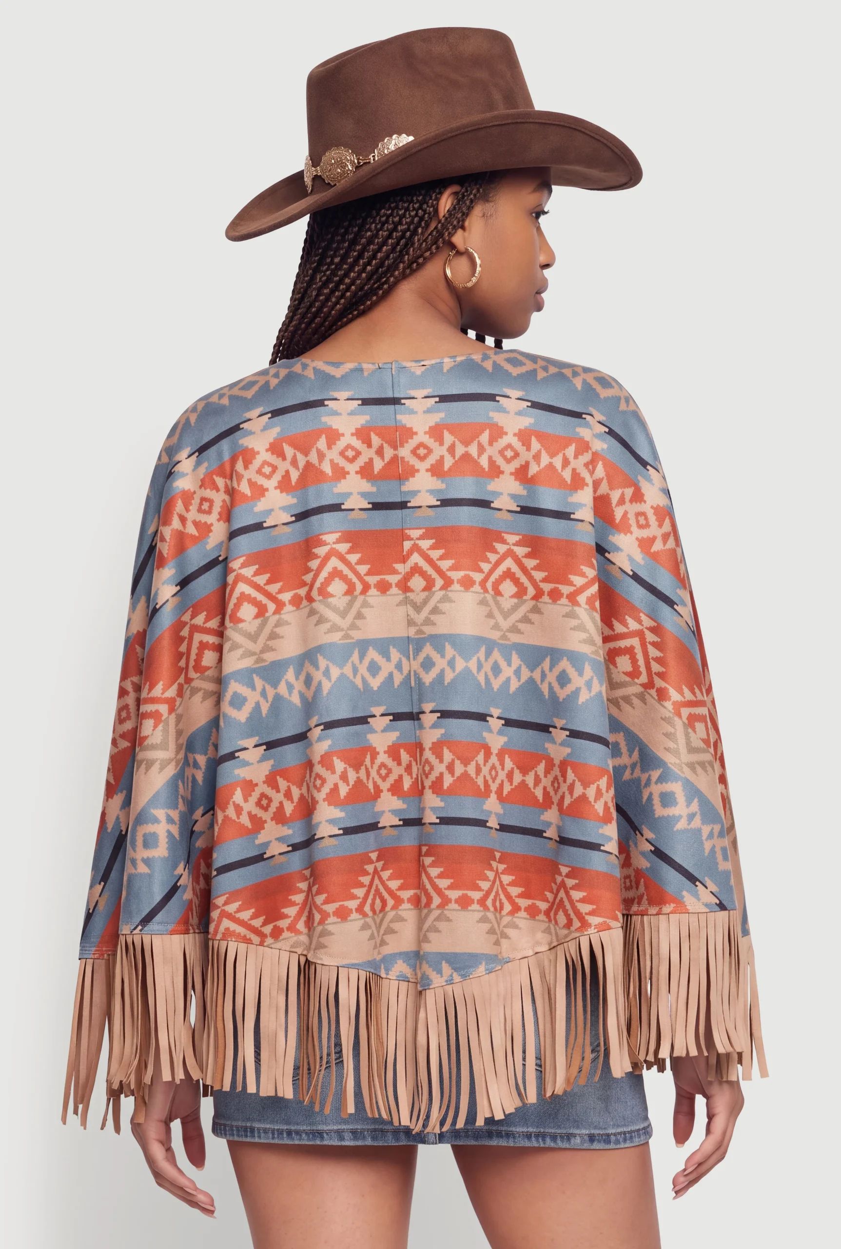 Faux Suede Aztec Print Fringe Hem Poncho faux suede aztec print fringe hem poncho