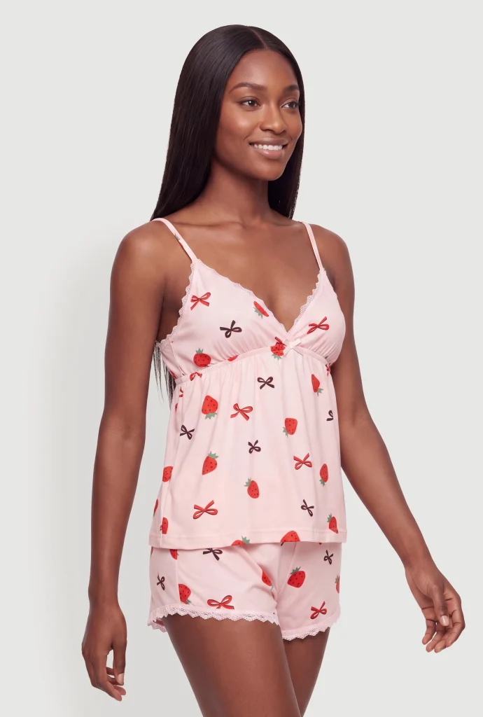 strawberry bow print pajama cami and boyshorts