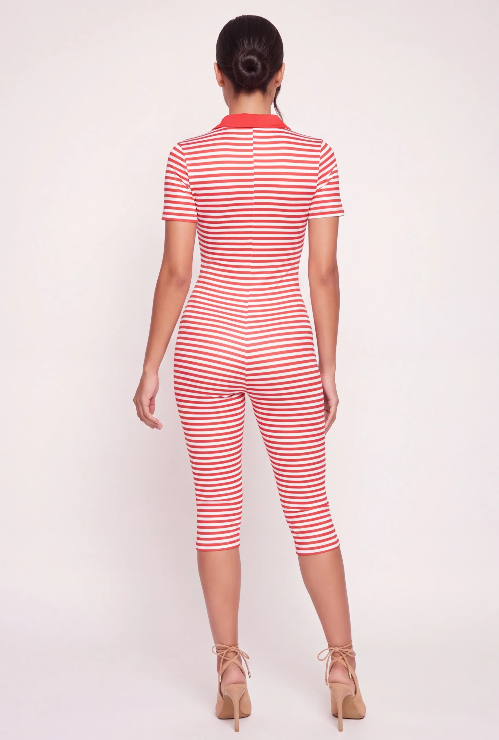 Striped Polo Collar Capri Jumpsuit striped polo collar capri jumpsuit