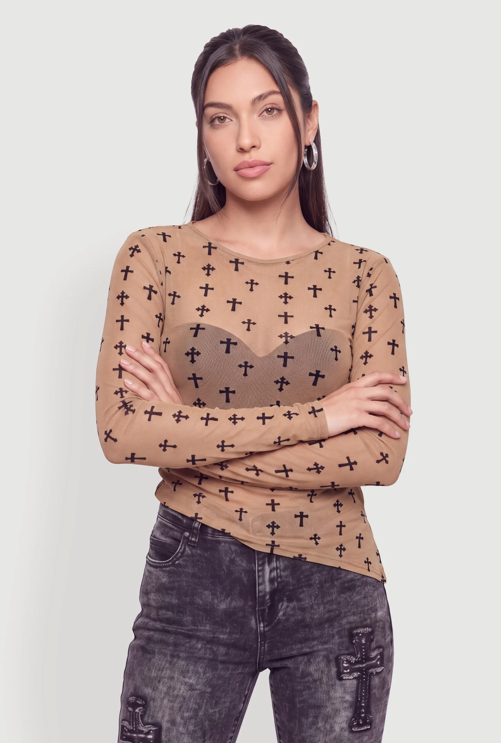 Printed Velvet Burnout Mesh Asymmetrical Long Sleeve Top printed velvet burnout mesh asymmetrical long sleeve top