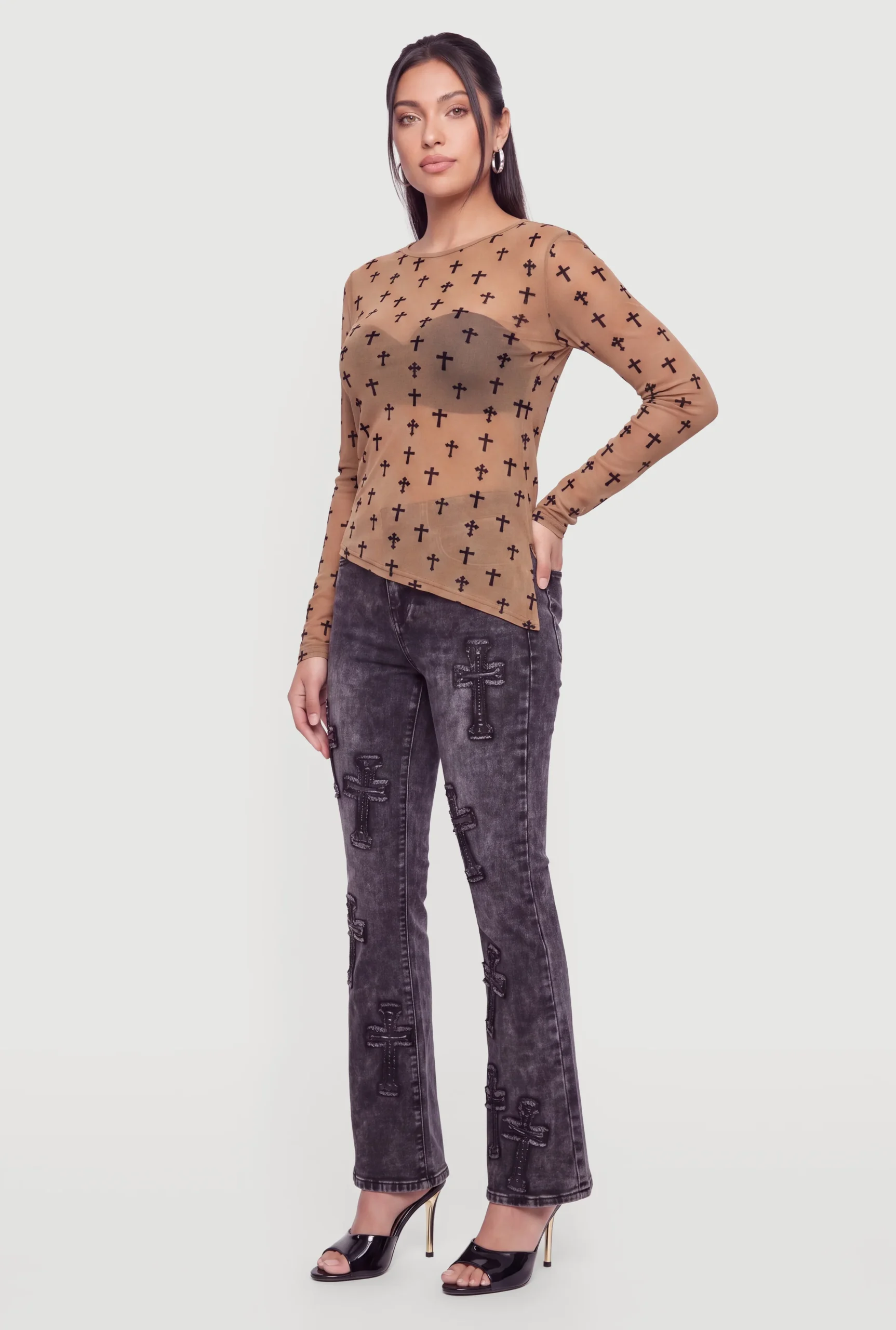 Printed Velvet Burnout Mesh Asymmetrical Long Sleeve Top printed velvet burnout mesh asymmetrical long sleeve top