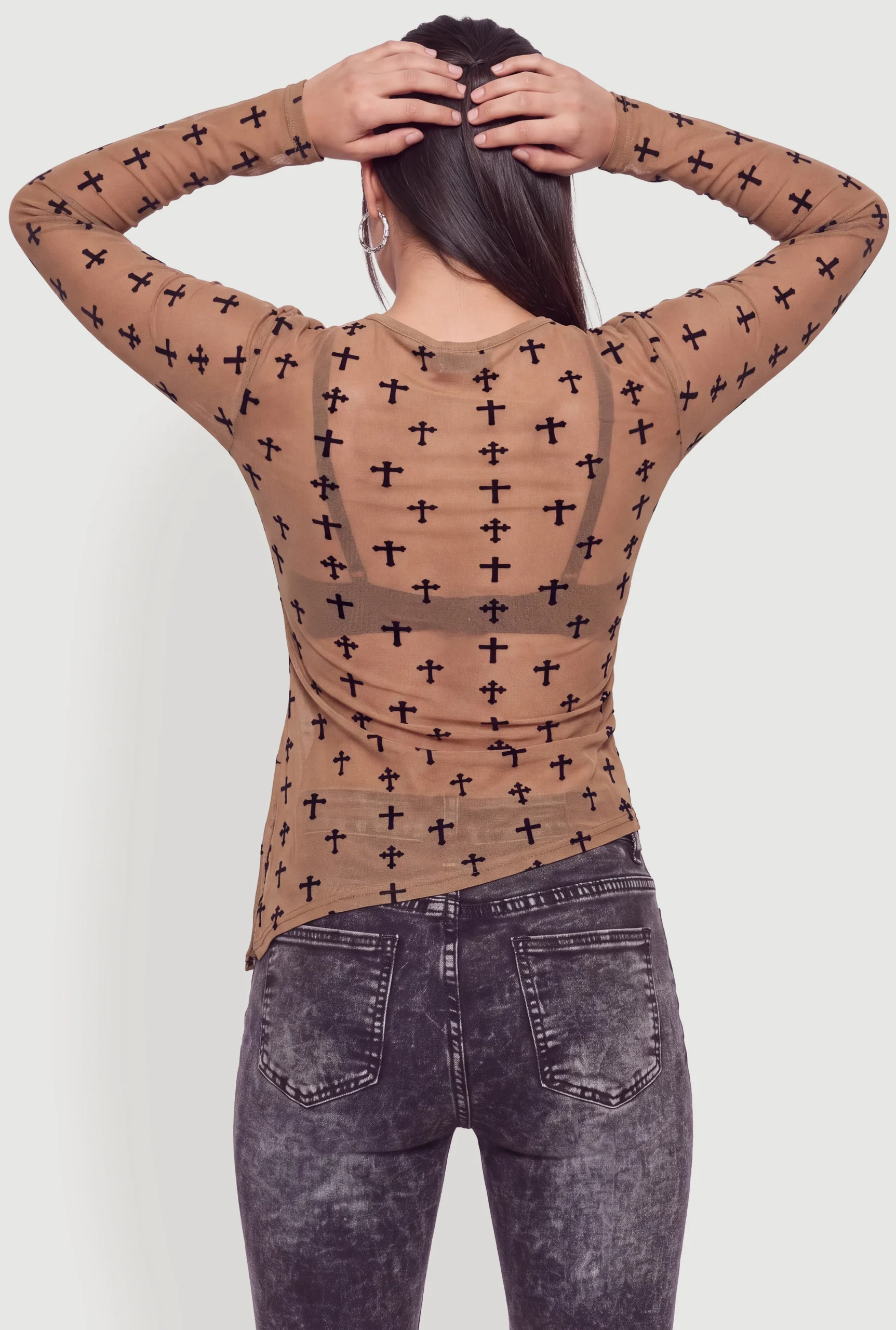 Printed Velvet Burnout Mesh Asymmetrical Long Sleeve Top printed velvet burnout mesh asymmetrical long sleeve top