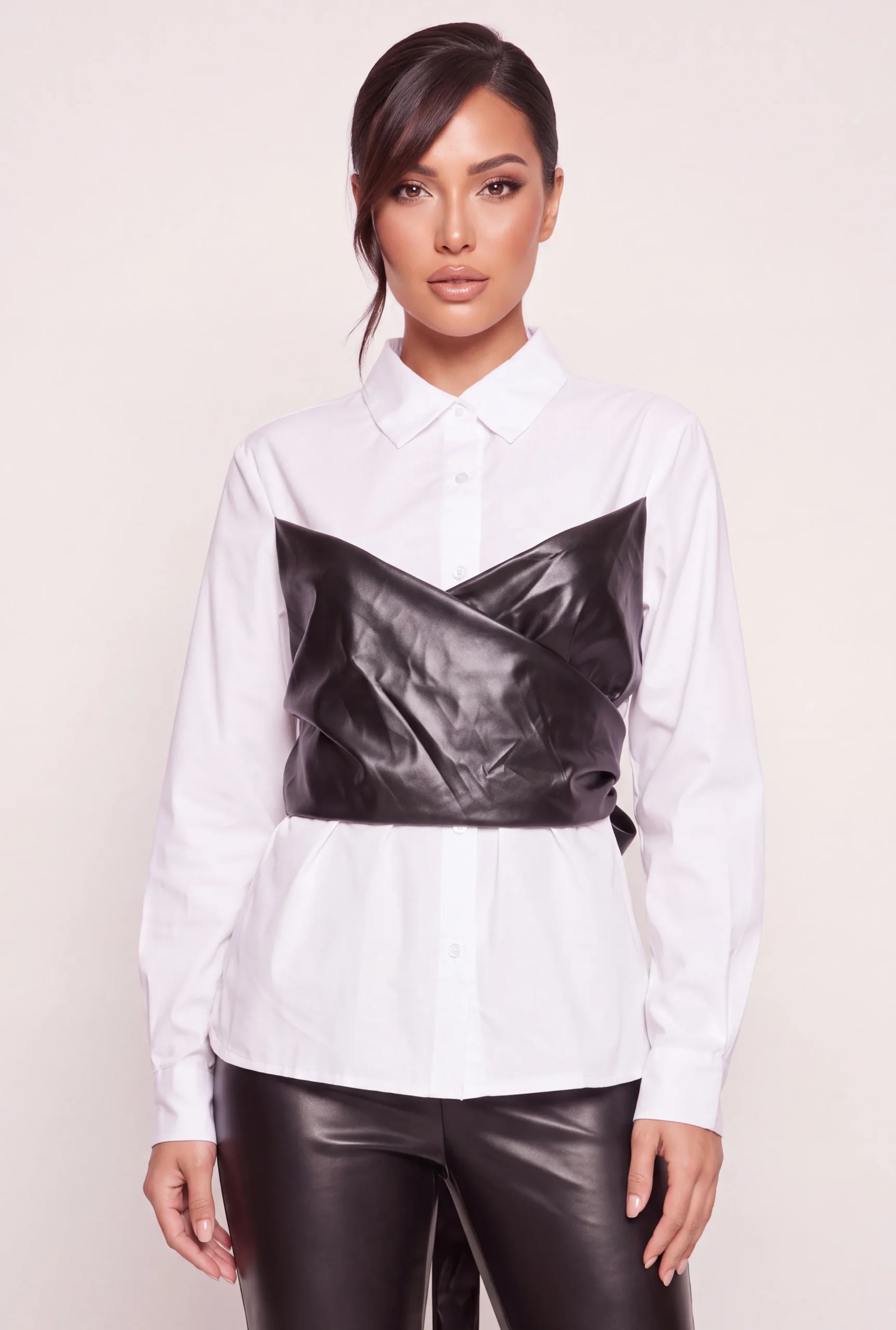 Faux Leather Layered Look Color Blocked Button Front Blouse faux leather layered look color blocked button front blouse