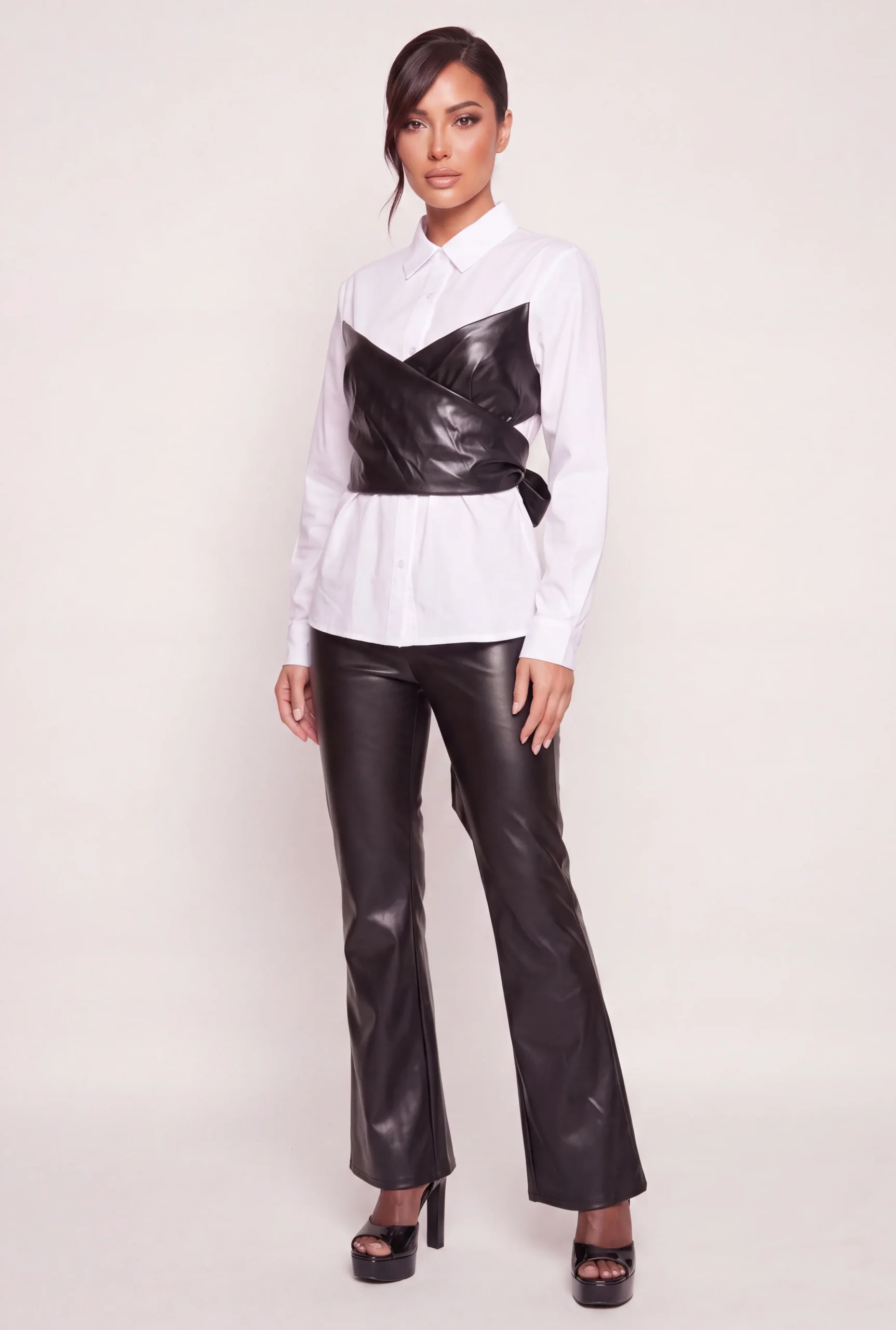 Faux Leather Layered Look Color Blocked Button Front Blouse faux leather layered look color blocked button front blouse