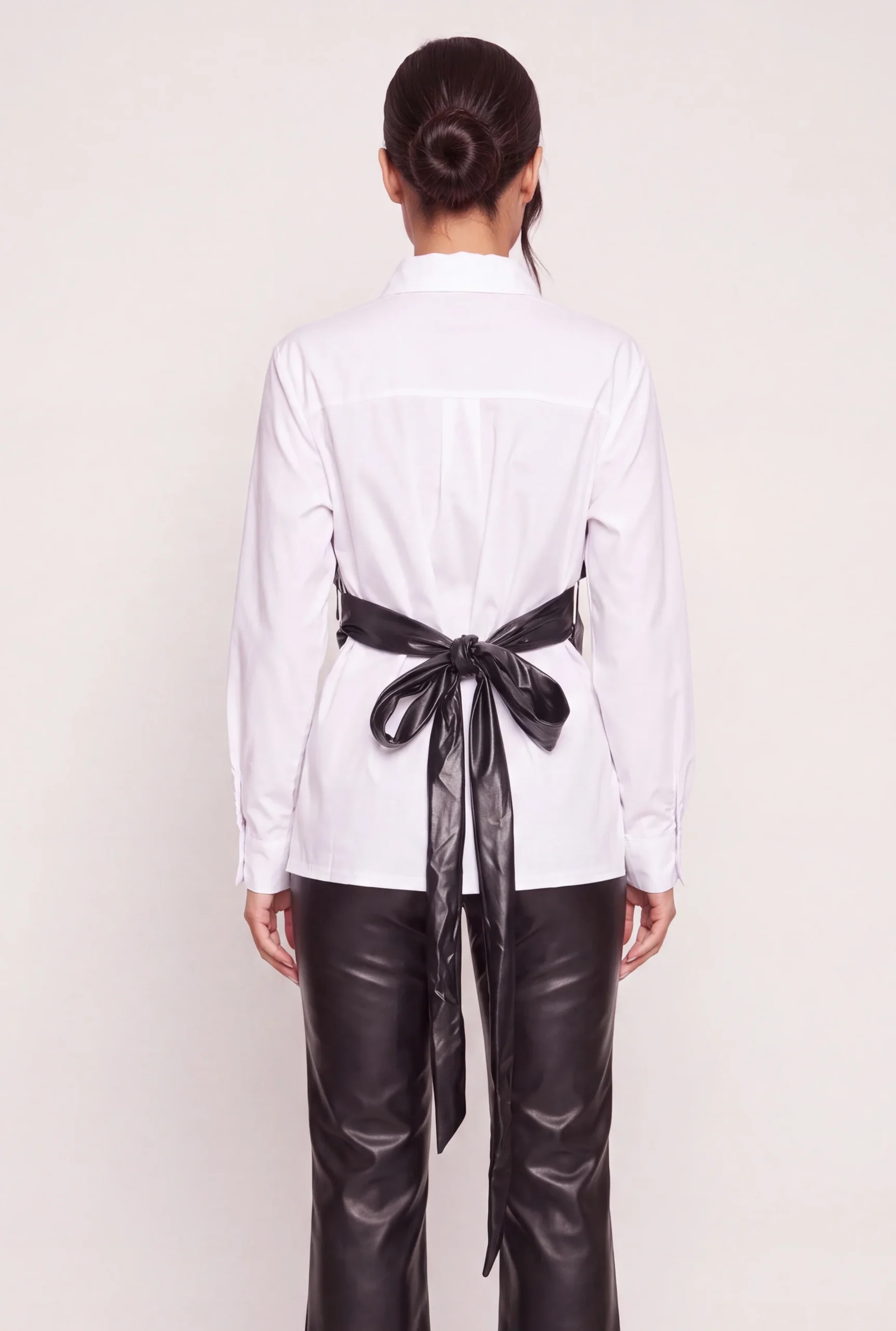 Faux Leather Layered Look Color Blocked Button Front Blouse faux leather layered look color blocked button front blouse