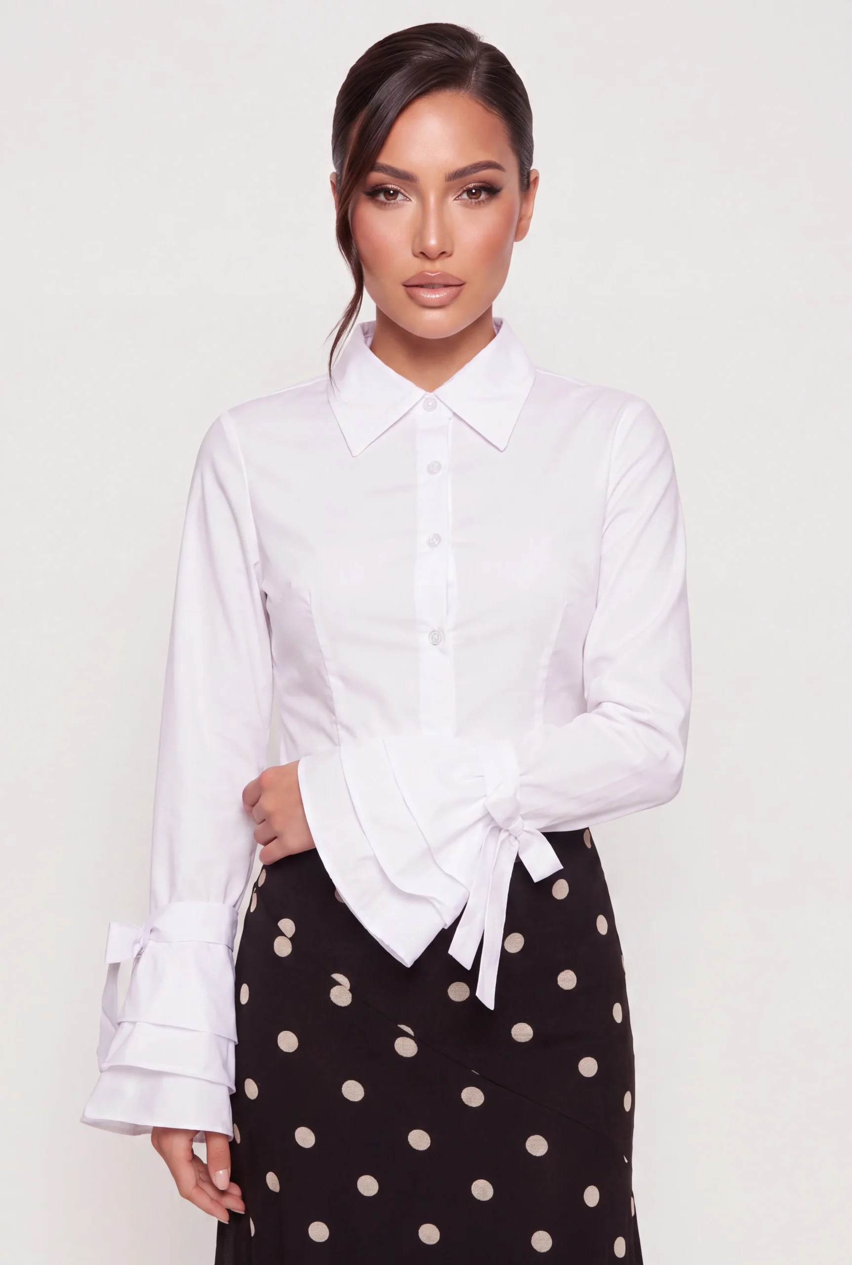 Bow Tie Tiered Ruffle Sleeve Button Front Shirt bow tie tiered ruffle sleeve button front shirt