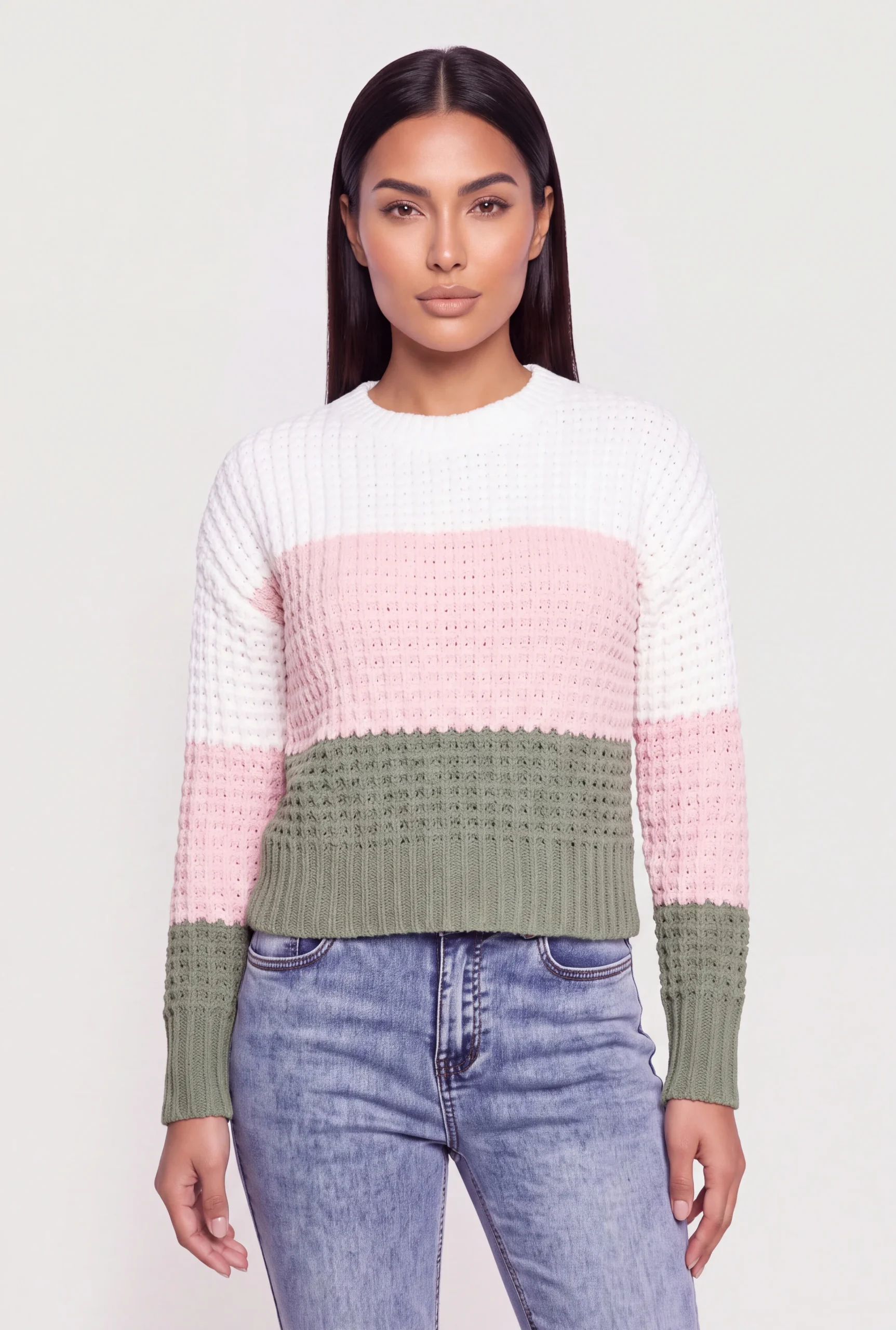 Color Blocked Crew Neck Crochet Sweater color blocked crew neck crochet sweater