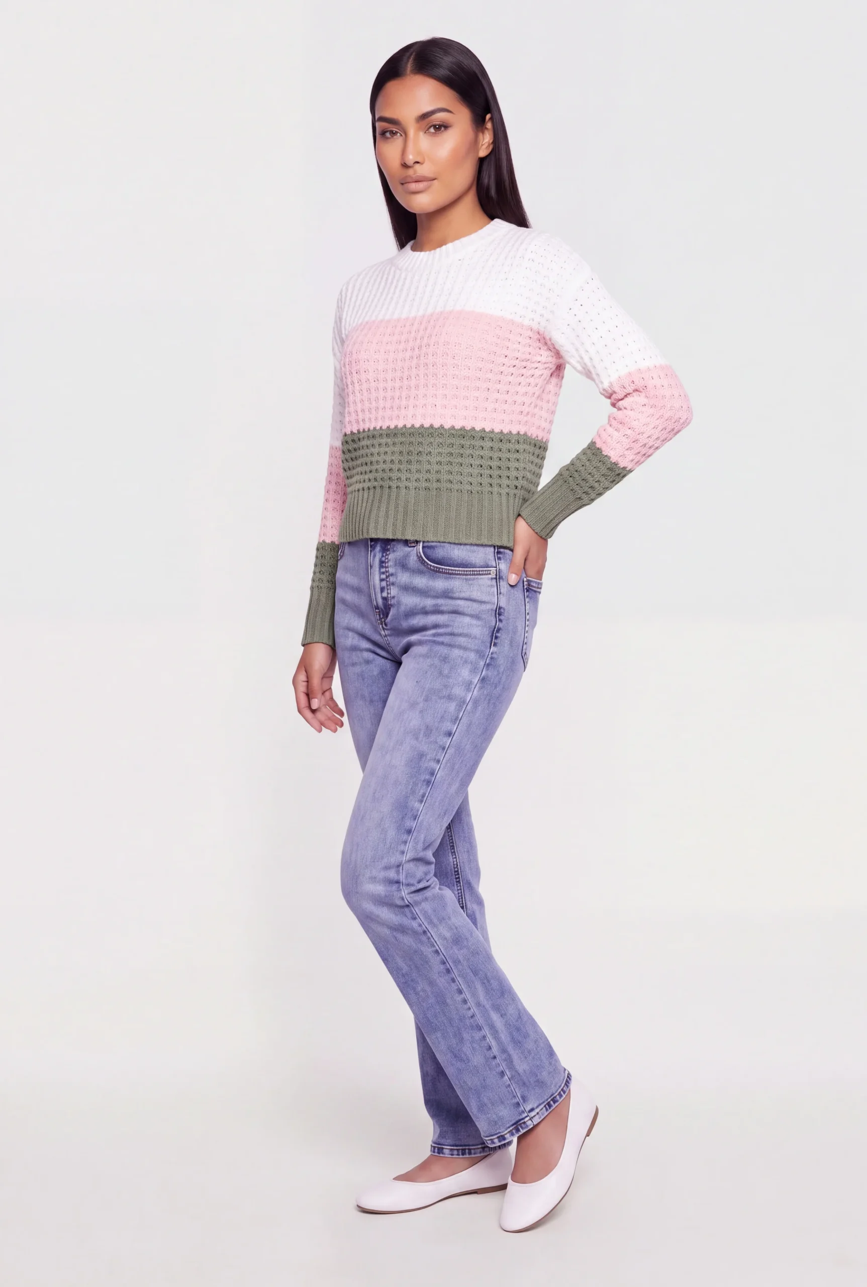 Color Blocked Crew Neck Crochet Sweater color blocked crew neck crochet sweater