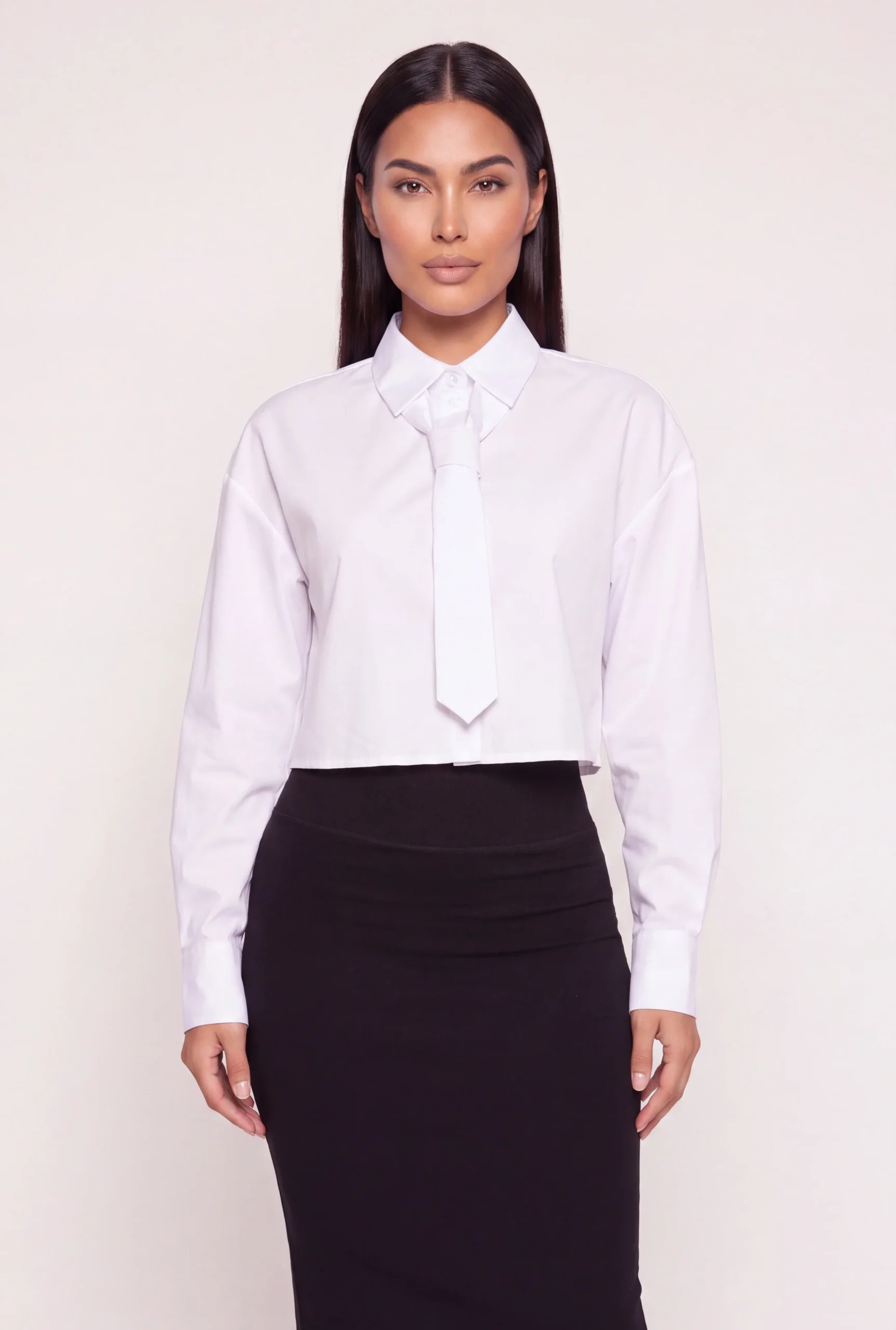 Removable Neck Tie Cropped Button Front Shirt removable neck tie cropped button front shirt