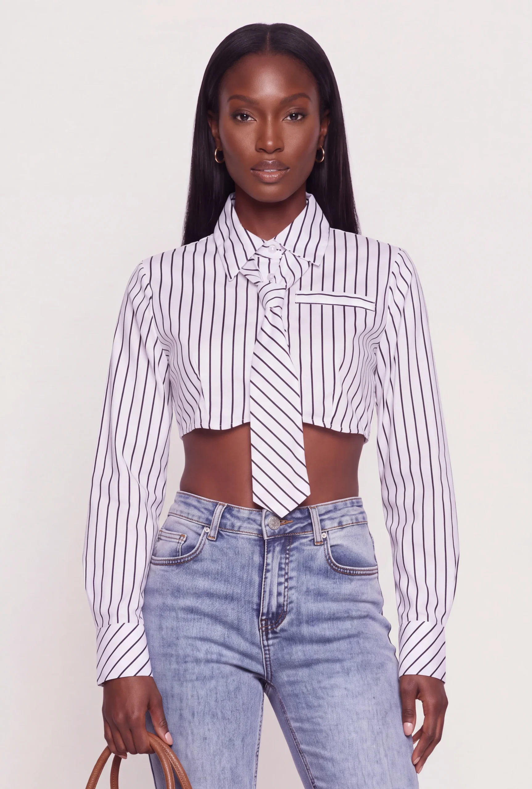 Striped Long Sleeve Cropped Shirt with Neck Tie striped long sleeve cropped shirt with neck tie