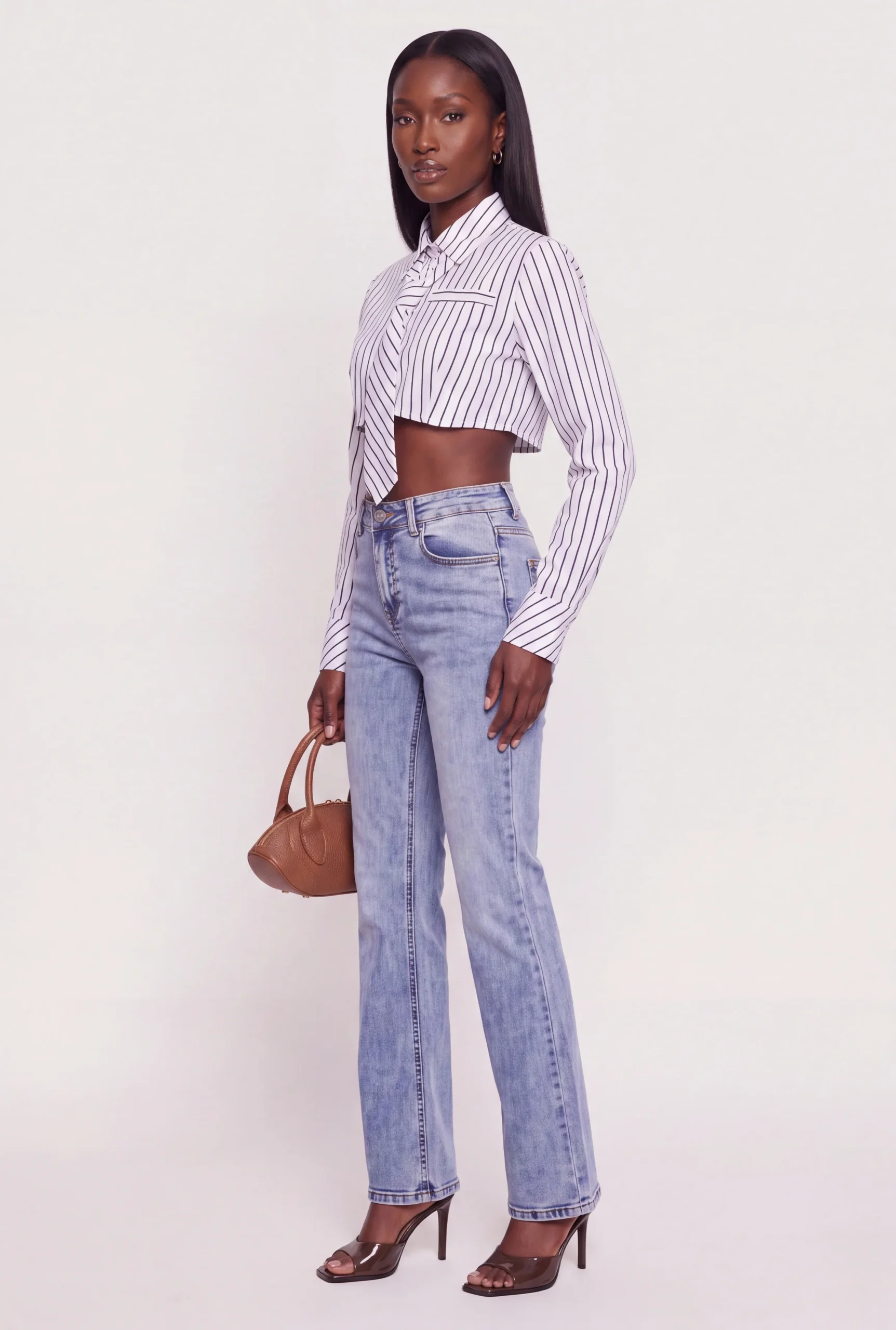 Striped Long Sleeve Cropped Shirt with Neck Tie striped long sleeve cropped shirt with neck tie