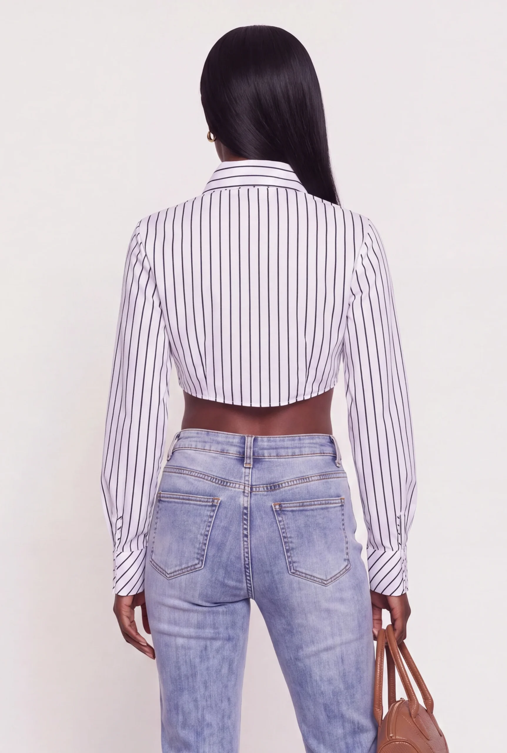 Striped Long Sleeve Cropped Shirt with Neck Tie striped long sleeve cropped shirt with neck tie