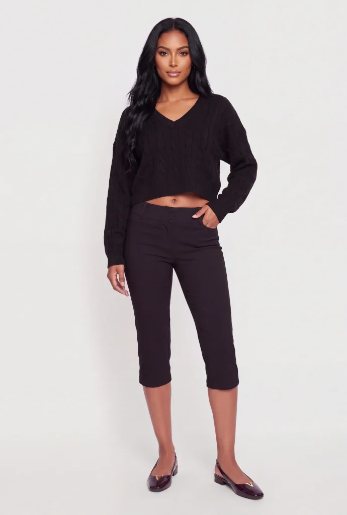 cropped v neck cable knit sweater