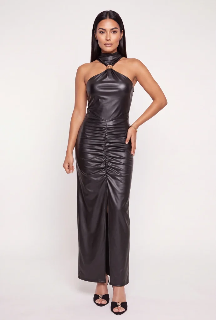 metallic detail racerback ruched faux leather dress