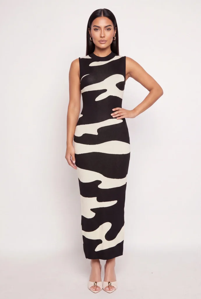 printed sleeveless knit maxi dress with back slit
