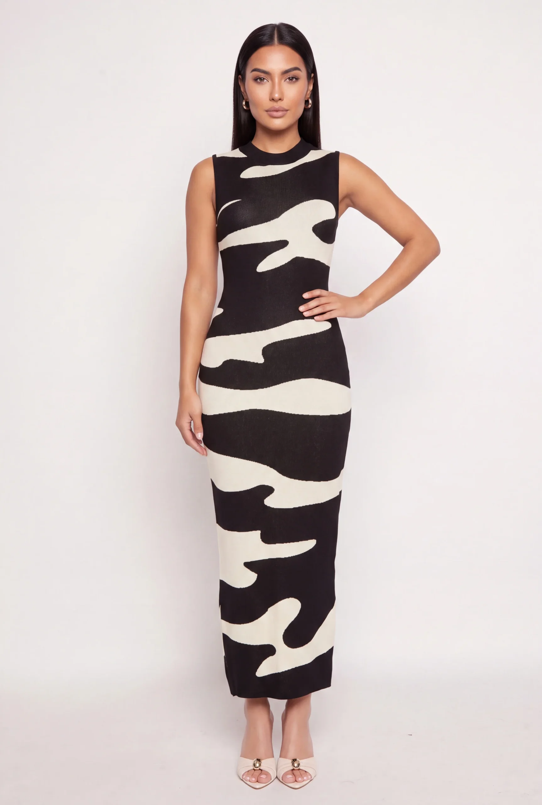 printed sleeveless knit maxi dress with back slit printed sleeveless knit maxi dress with back slit