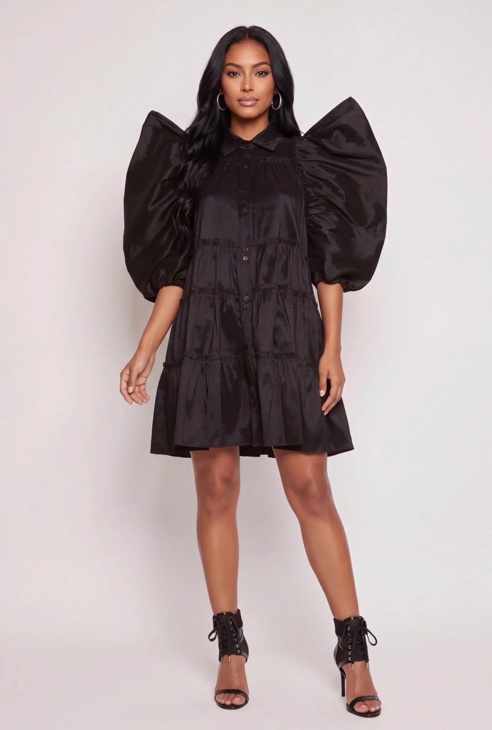 puff sleeve tiered shirt dress puff sleeve tiered shirt dress