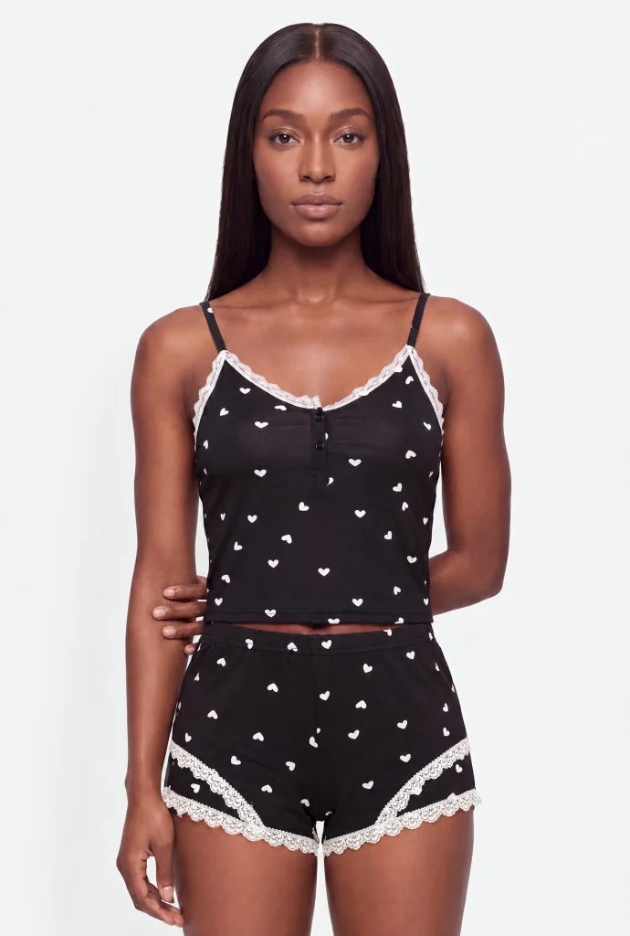 lace trim heart print pajama cami and shorts