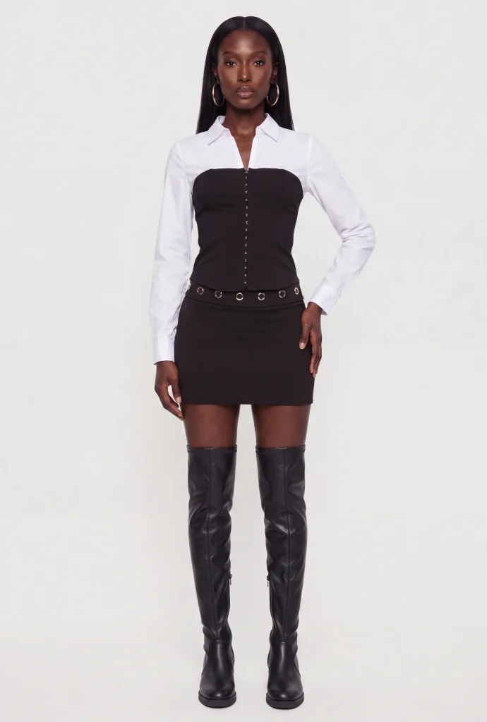 long sleeve collared hook and eye corset top