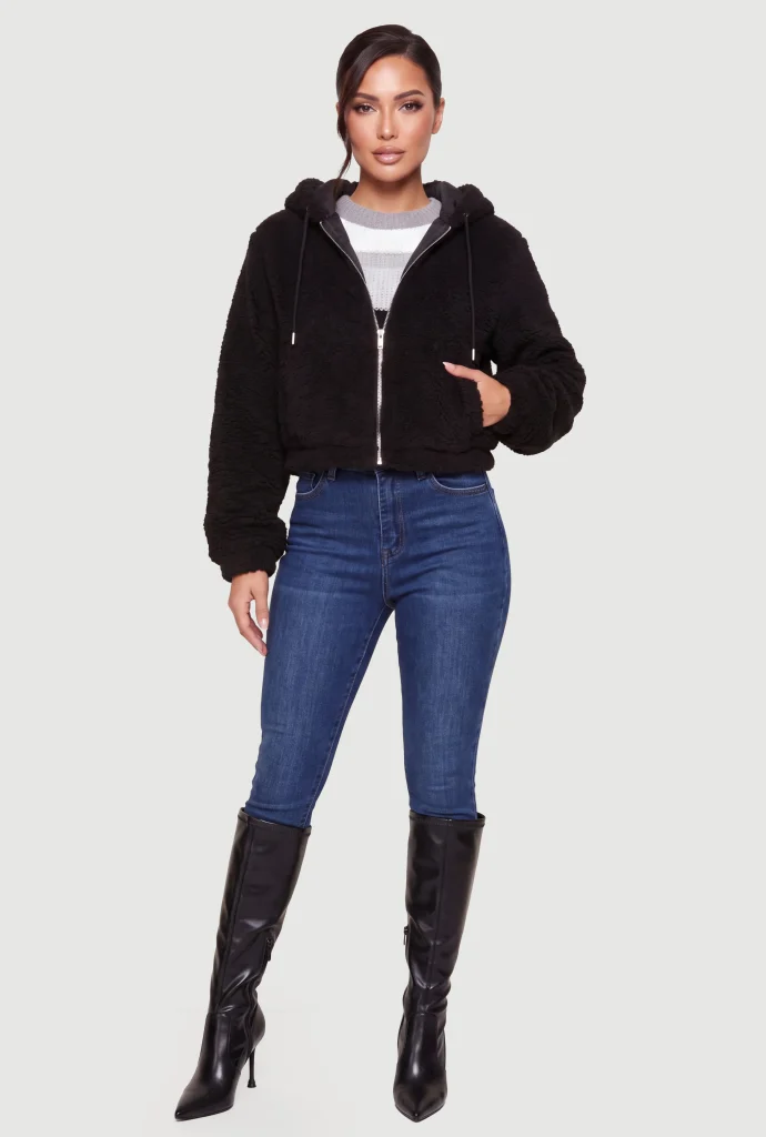 zip front hooded sherpa jacket