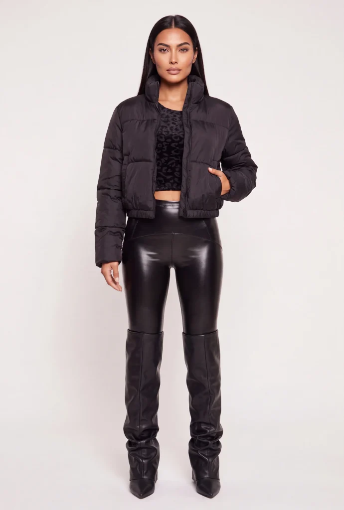 zip front mock neck puffer jacket