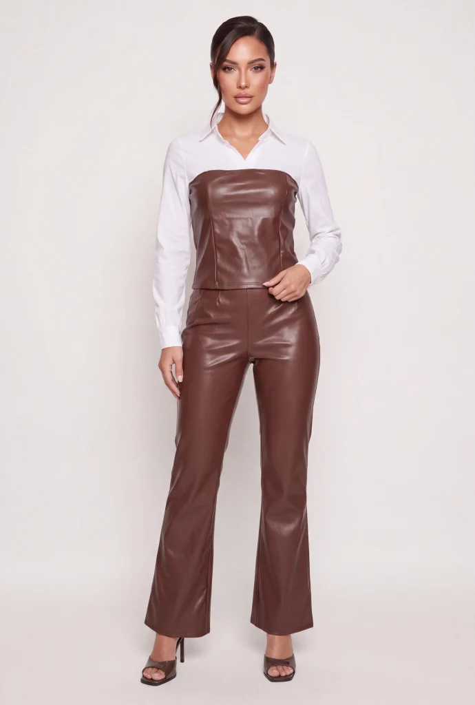 faux leather pintuck detail flare leg pants