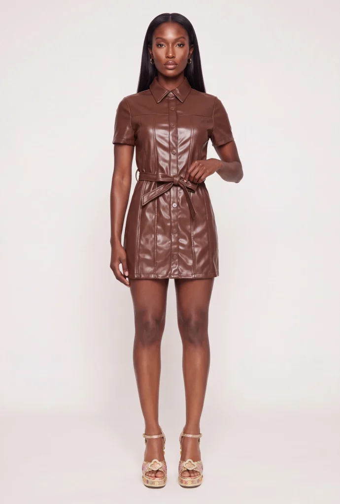 faux leather tie waist belted mini shirt dress
