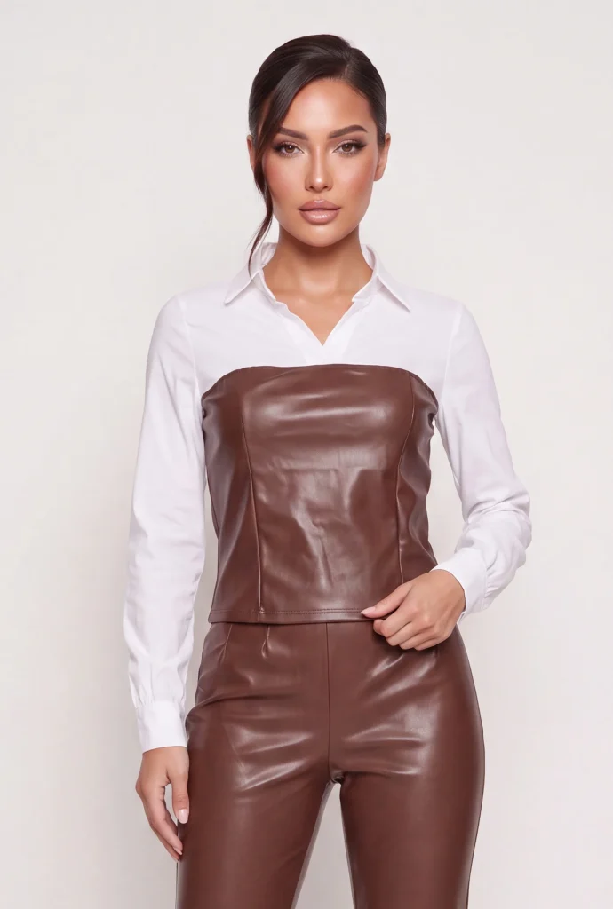 layered look faux leather long sleeve blouse
