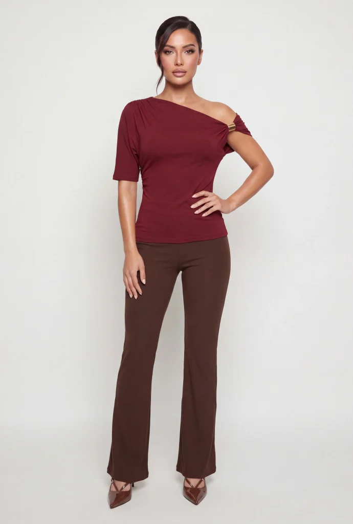 side ruched one shoulder metallic detail blouse