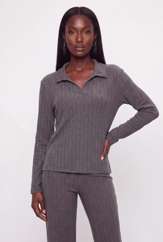 johnny collar ribbed knit long sleeve polo top