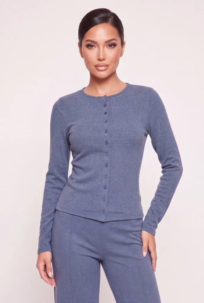 brushed knit long sleeve button front top